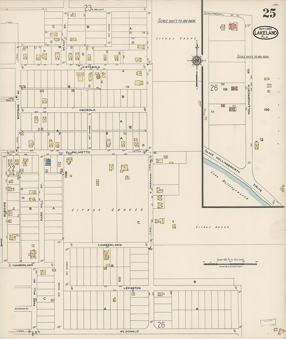 This old map of Lakeland, Polk County, Florida was created by Sanborn Map Company in 1922