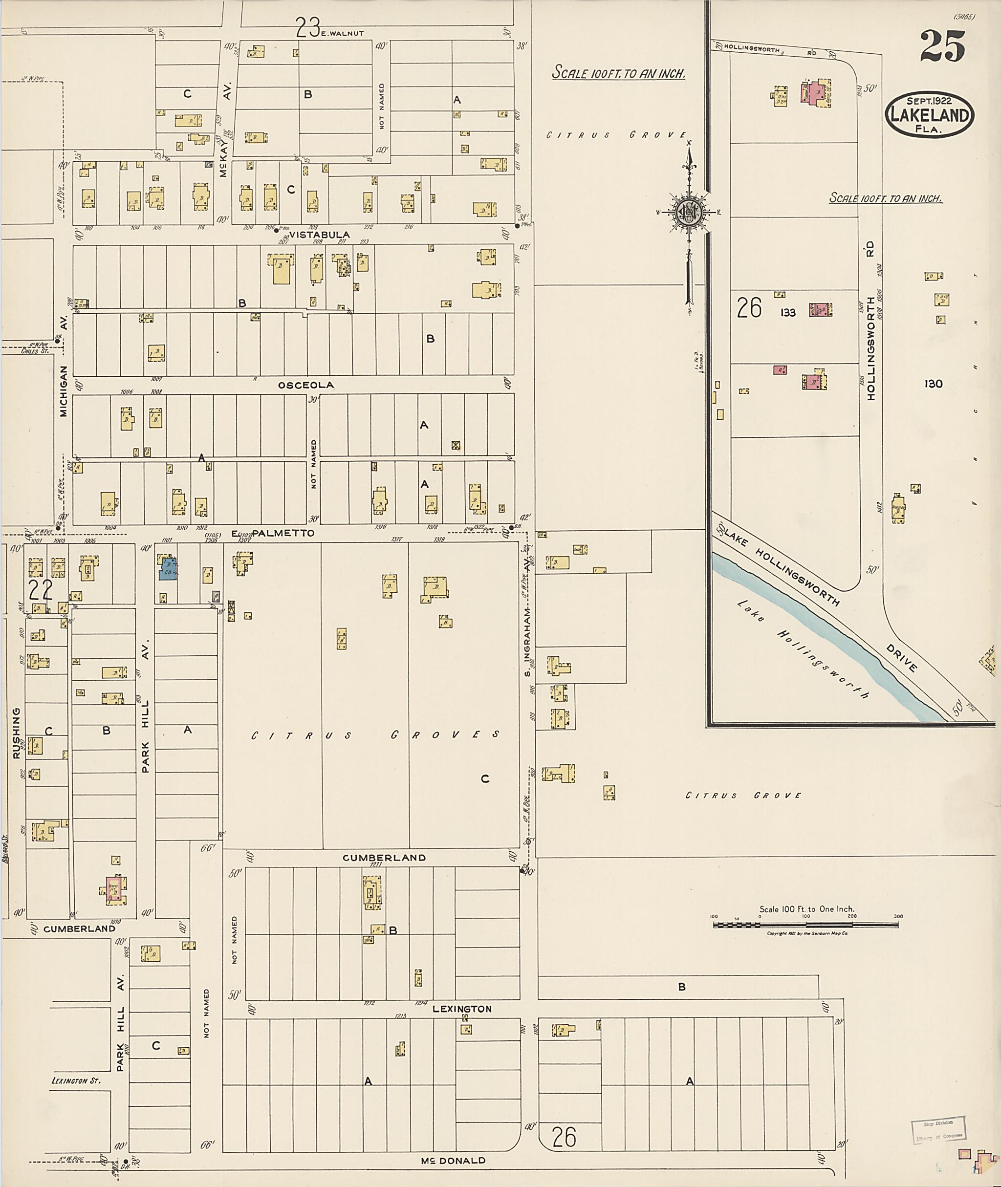 This old map of Lakeland, Polk County, Florida was created by Sanborn Map Company in 1922