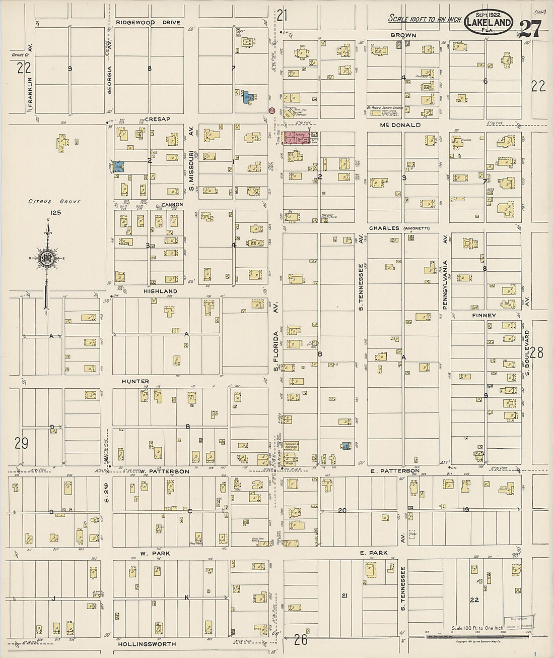 This old map of Lakeland, Polk County, Florida was created by Sanborn Map Company in 1922