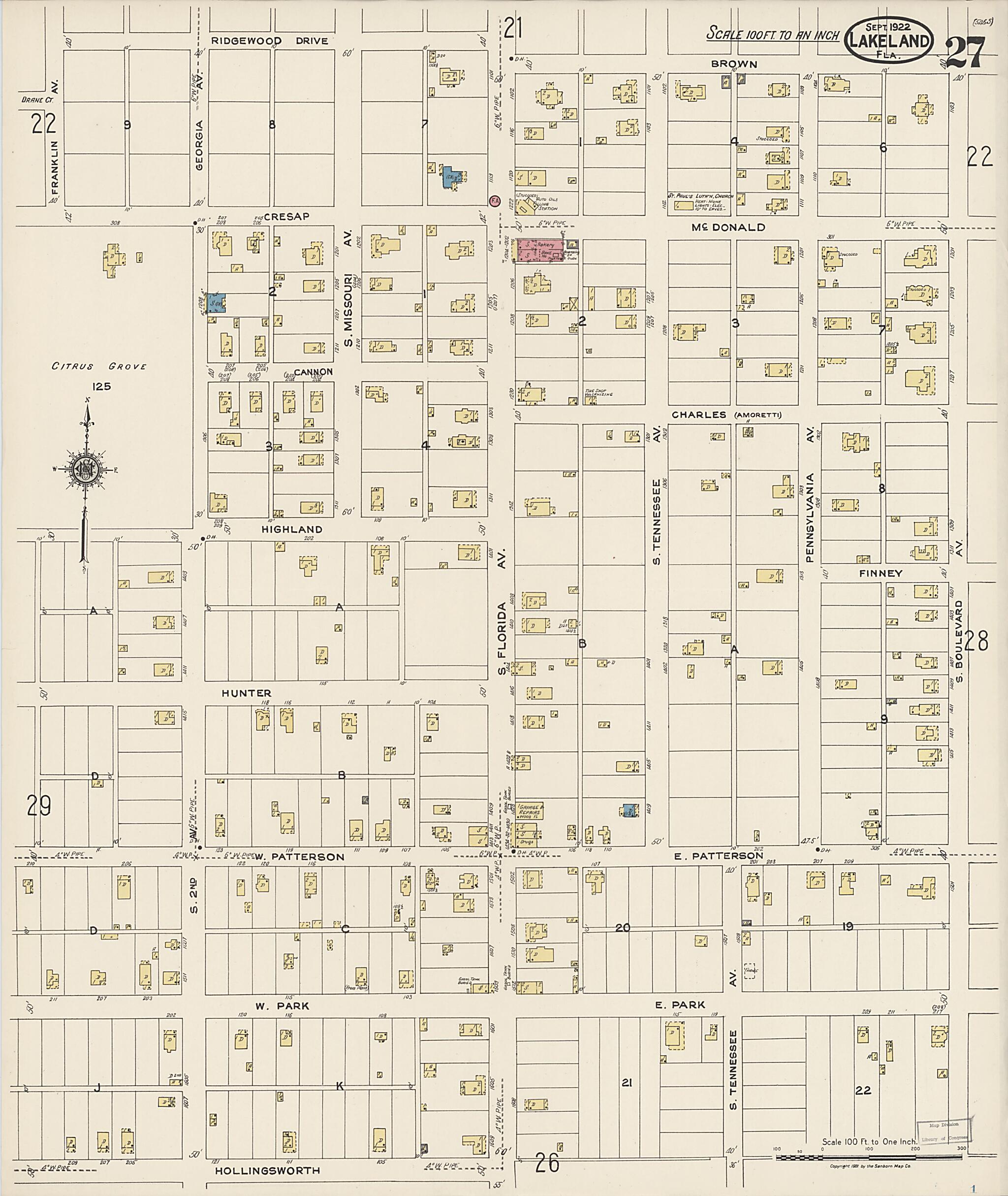 This old map of Lakeland, Polk County, Florida was created by Sanborn Map Company in 1922