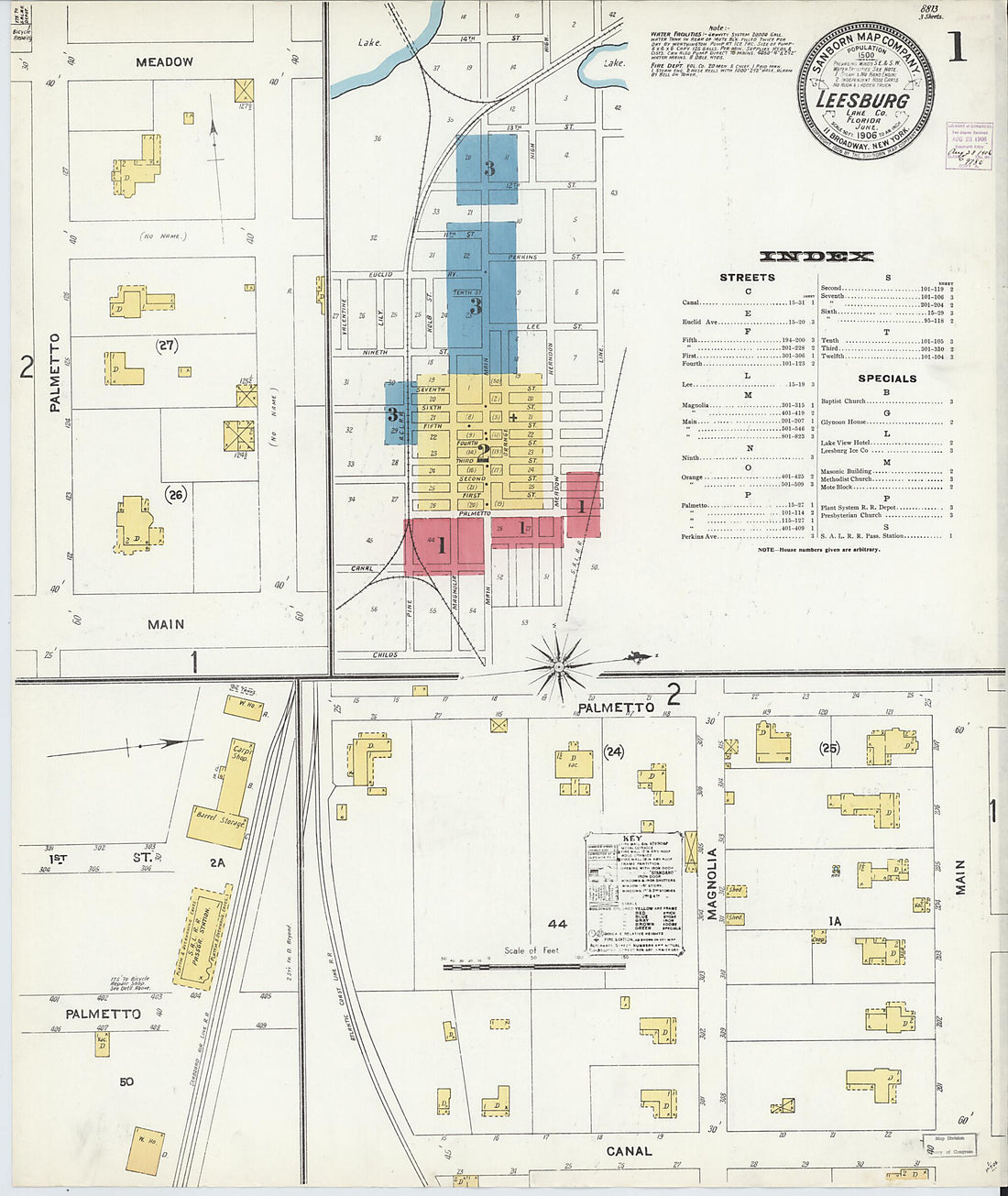 This old map of Leesburg, Lake County, Florida was created by Sanborn Map Company in 1906