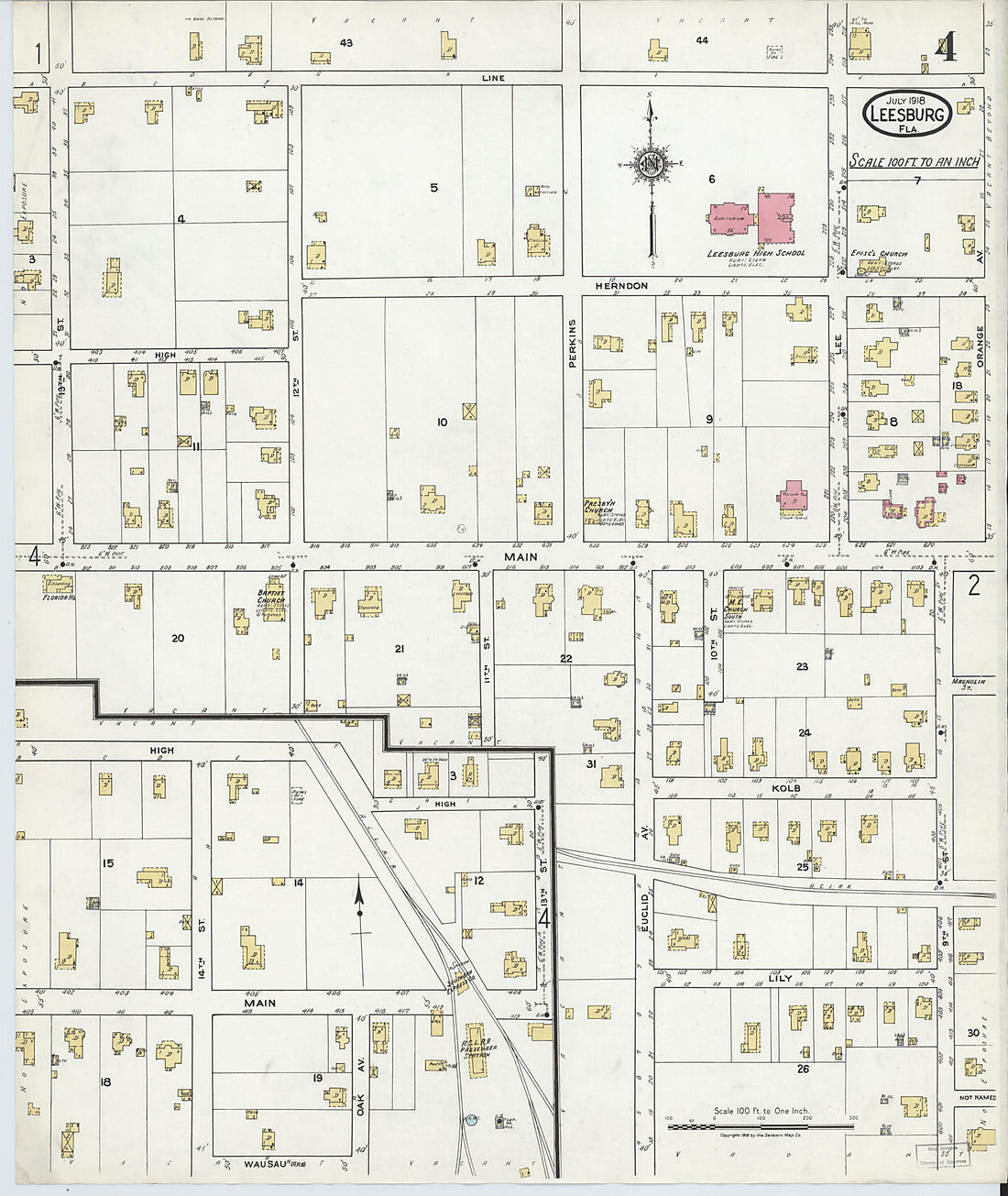 This old map of Leesburg, Lake County, Florida was created by Sanborn Map Company in 1918