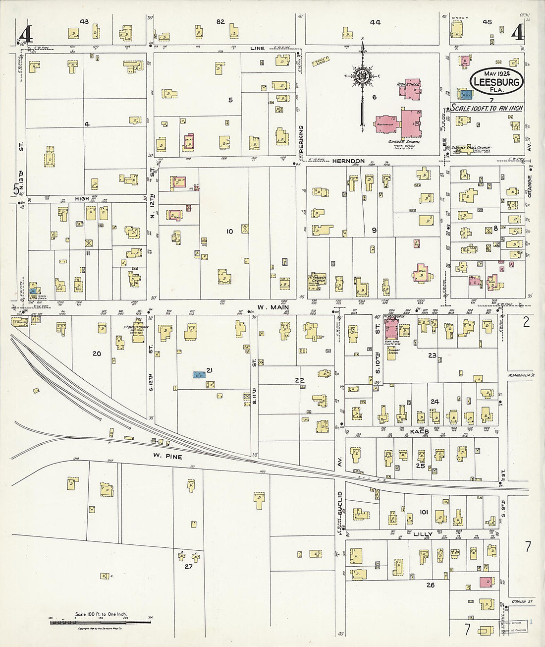 This old map of Leesburg, Lake County, Florida was created by Sanborn Map Company in 1924