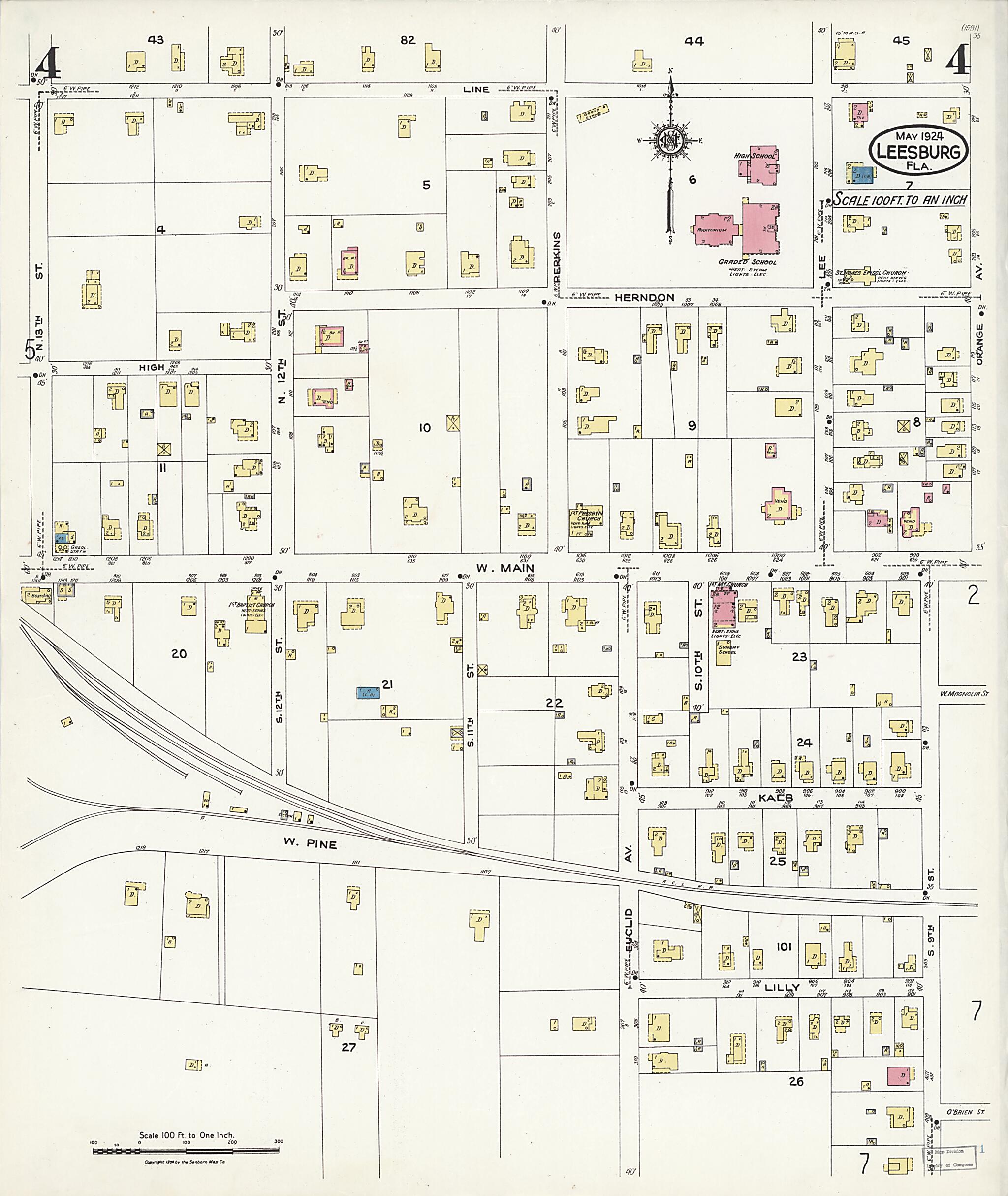 This old map of Leesburg, Lake County, Florida was created by Sanborn Map Company in 1924
