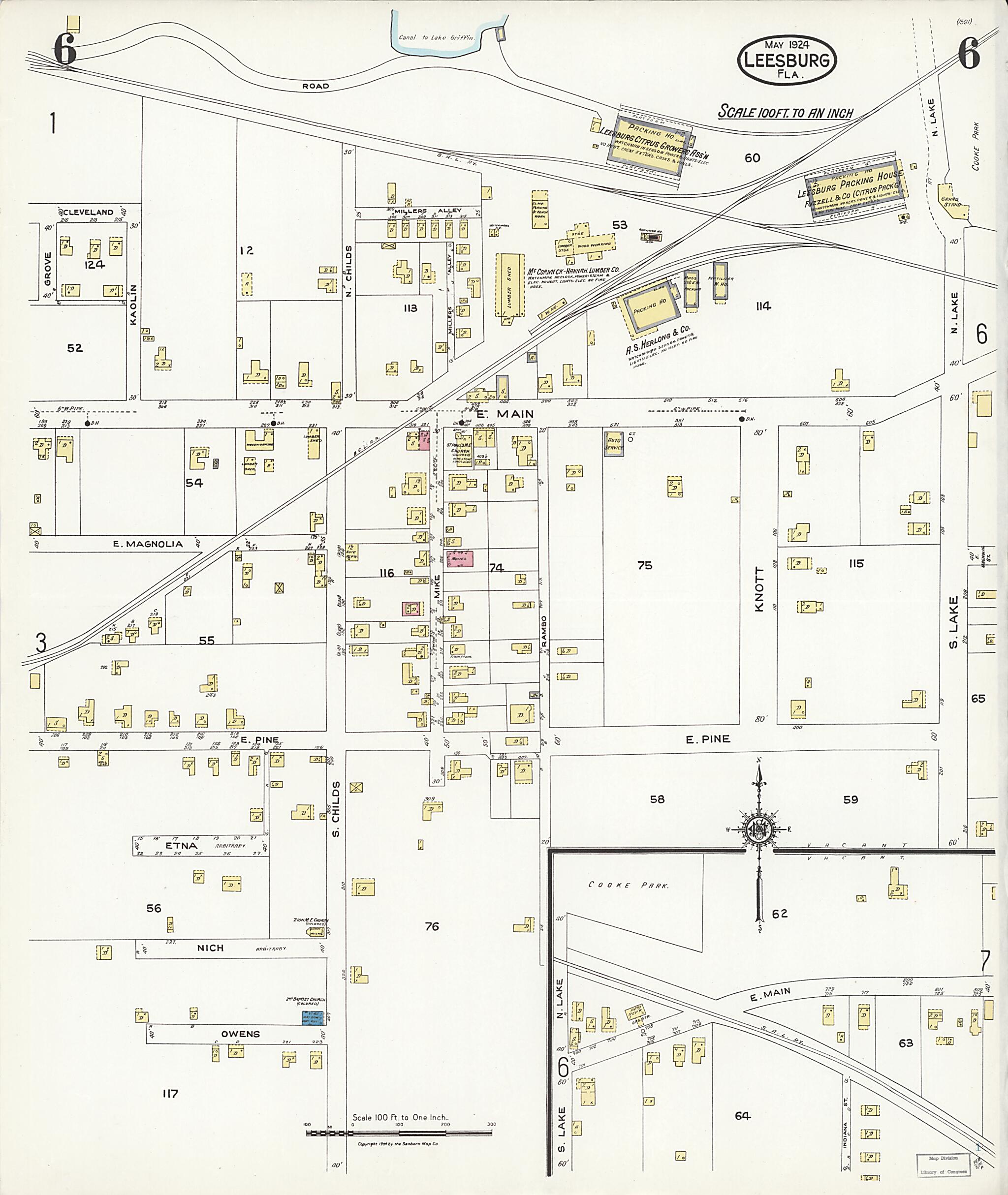 This old map of Leesburg, Lake County, Florida was created by Sanborn Map Company in 1924