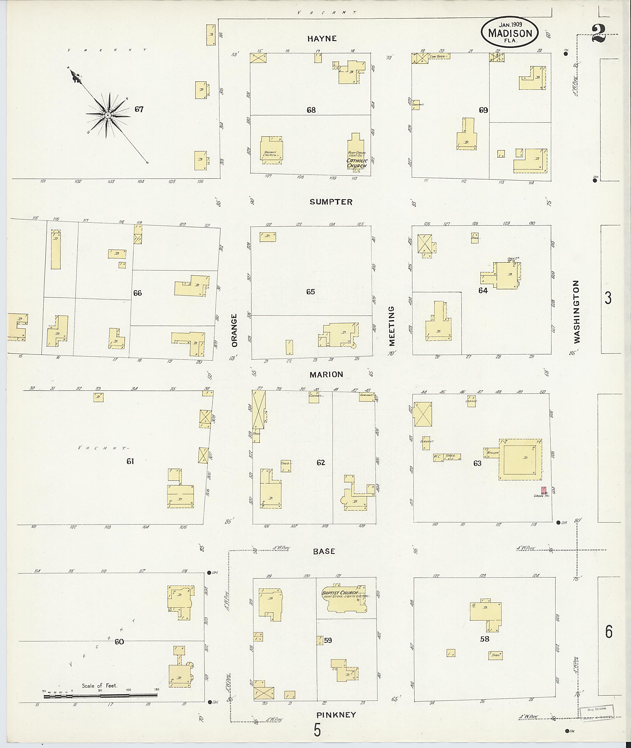 This old map of Madison, Madison County, Florida was created by Sanborn Map Company in 1909