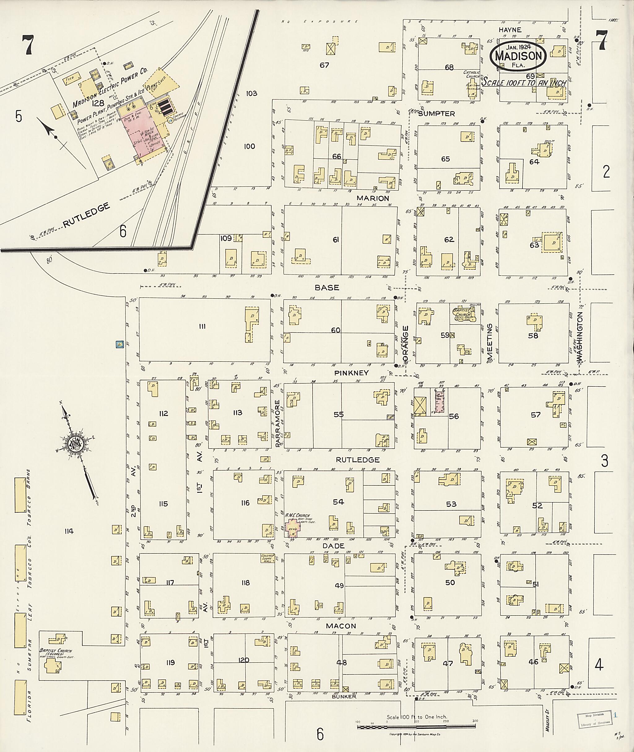 This old map of Madison, Madison County, Florida was created by Sanborn Map Company in 1924
