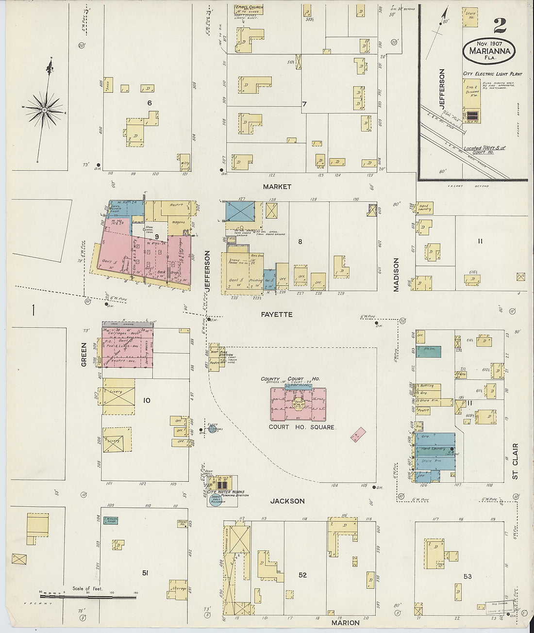 This old map of Marianna, Jackson County, Florida was created by Sanborn Map Company in 1907