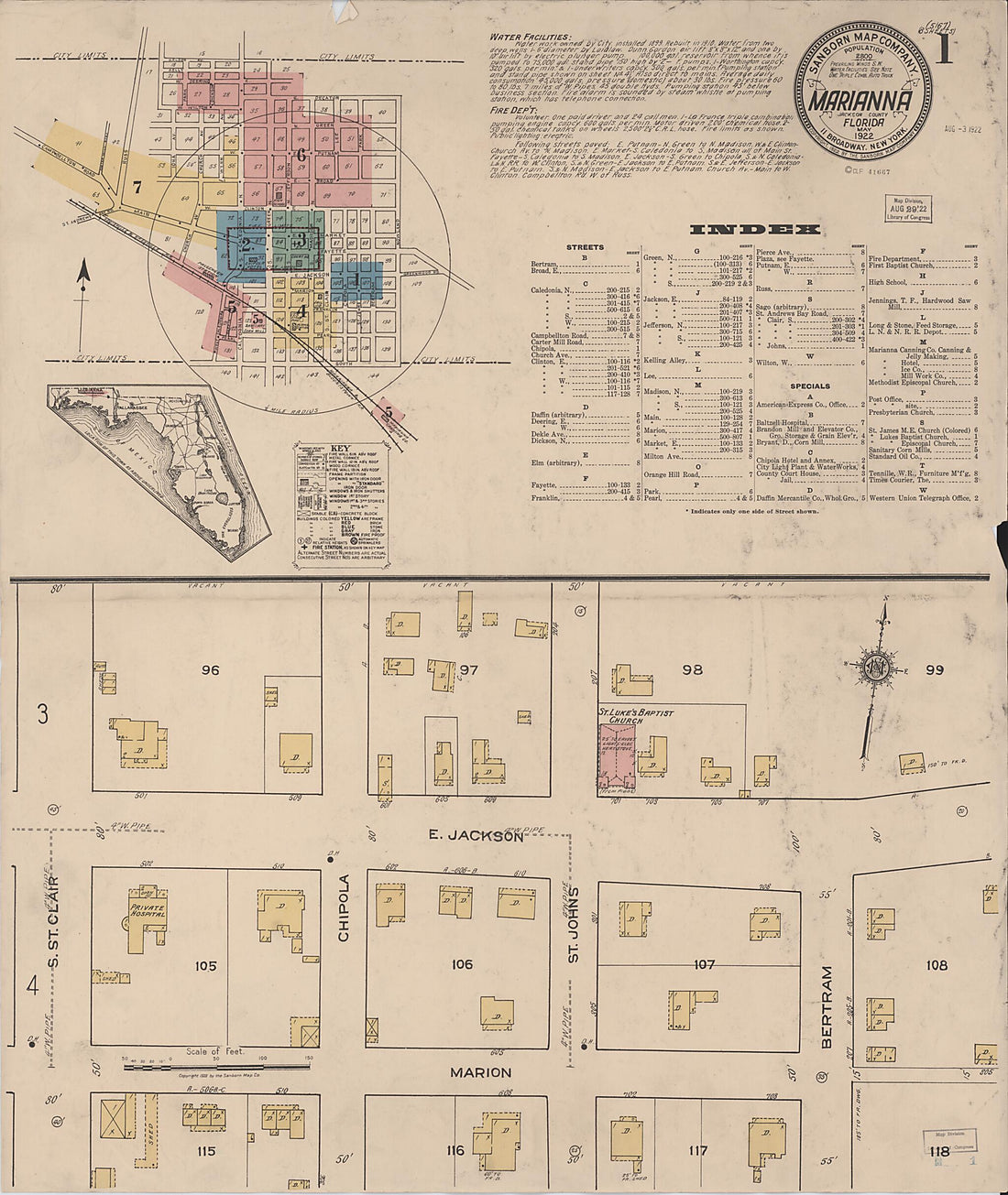 This old map of Marianna, Jackson County, Florida was created by Sanborn Map Company in 1922