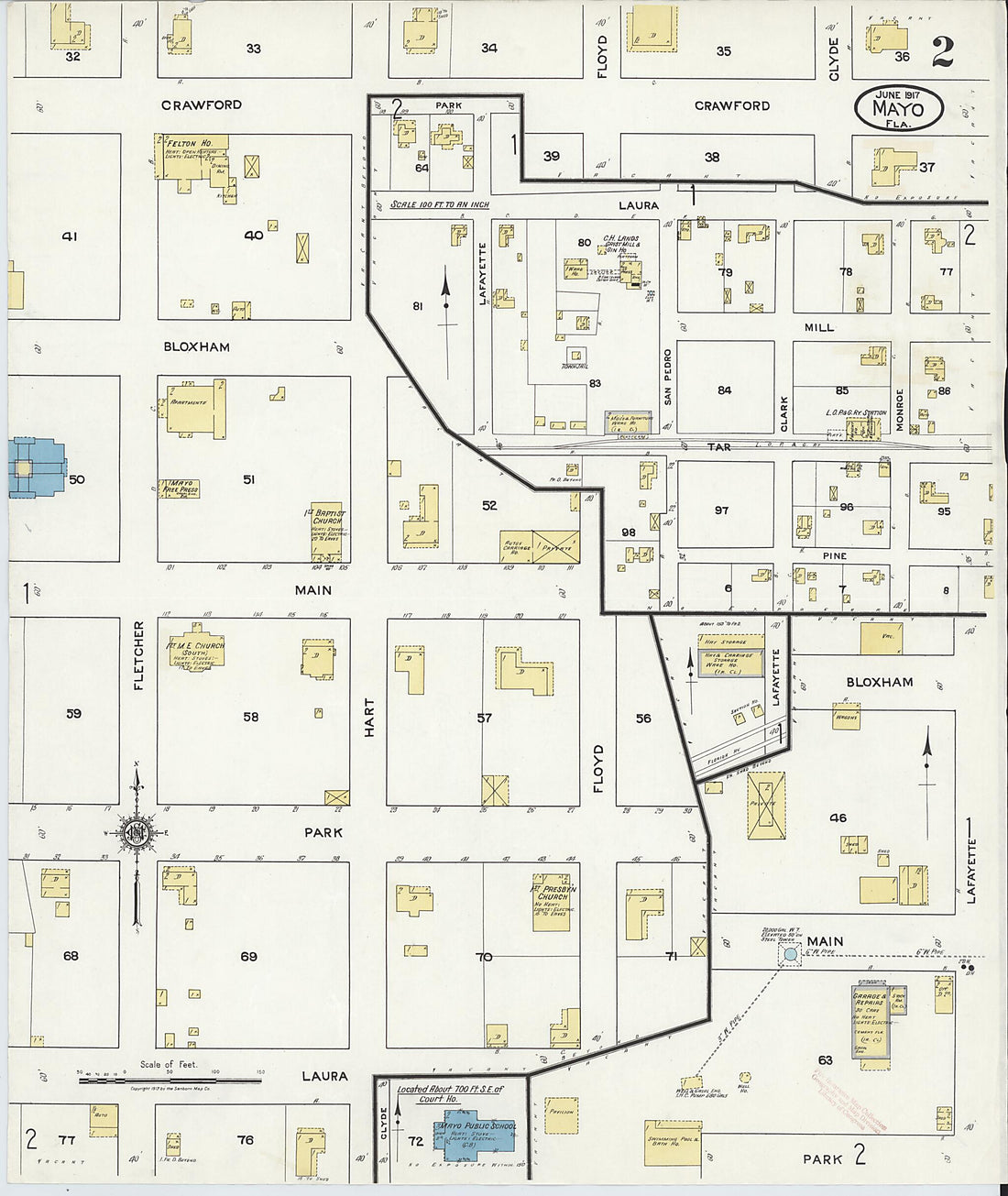 This old map of Mayo, Lafayette County, Florida was created by Sanborn Map Company in 1917