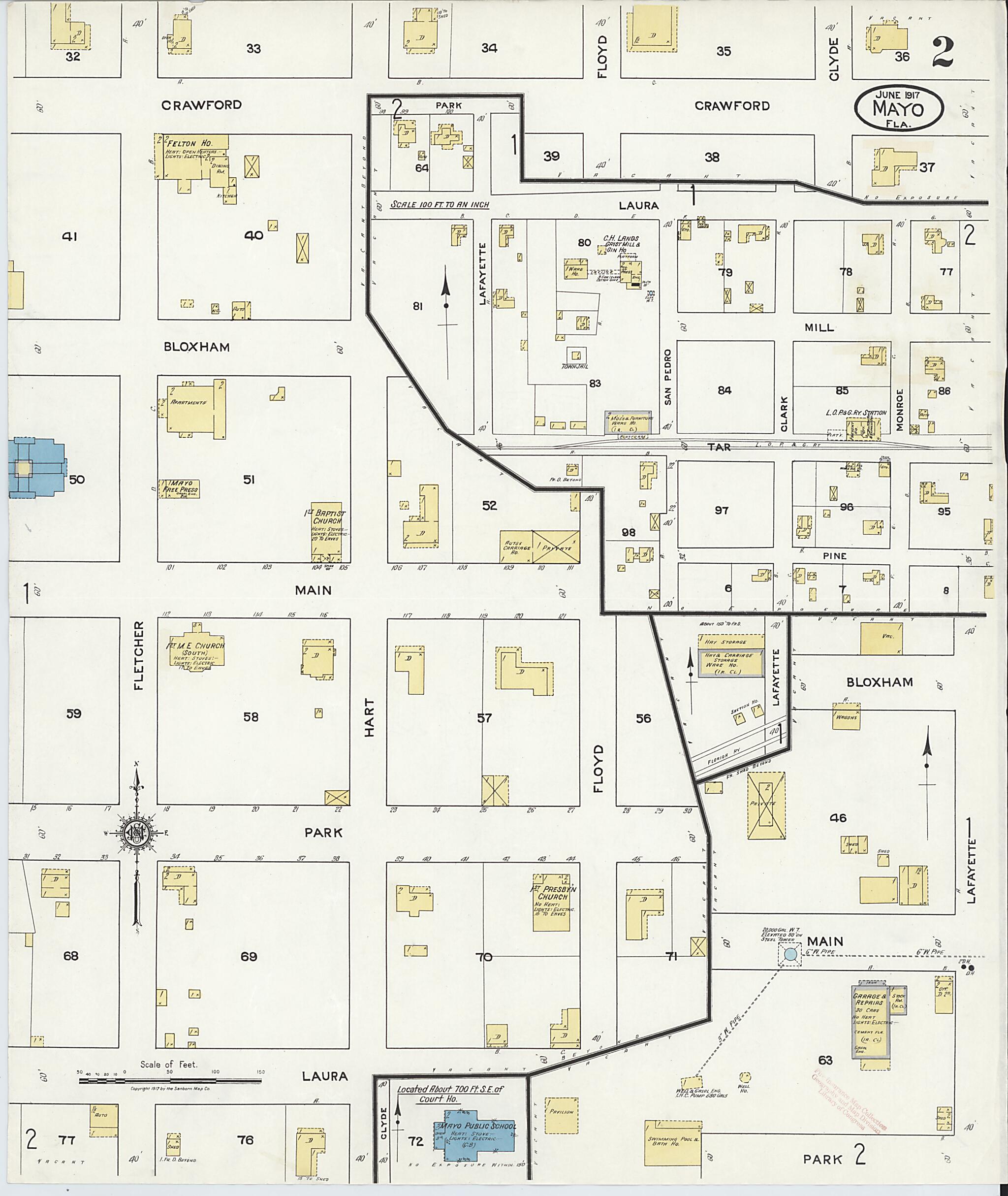 This old map of Mayo, Lafayette County, Florida was created by Sanborn Map Company in 1917