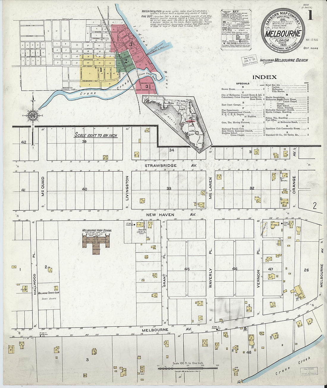 This old map of Melbourne Beach, Brevard County, Florida was created by Sanborn Map Company in 1920