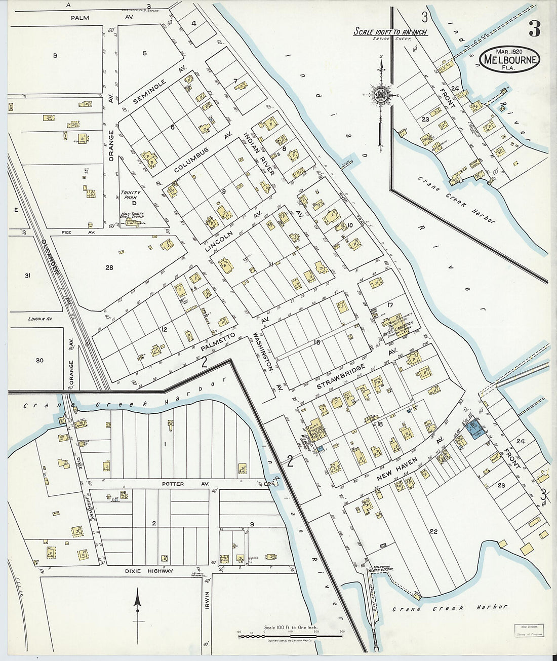 This old map of Melbourne Beach, Brevard County, Florida was created by Sanborn Map Company in 1920