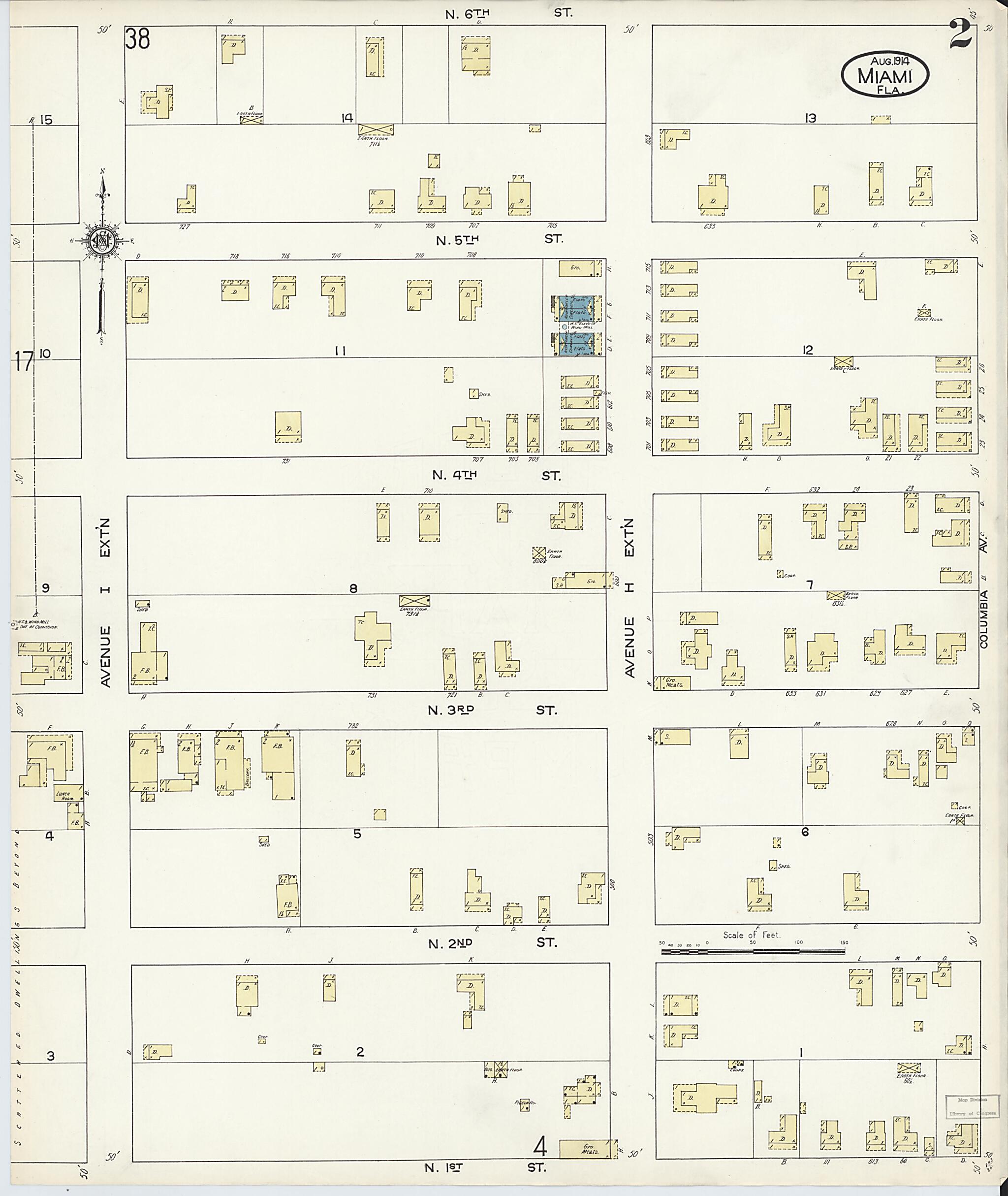 This old map of Miami, Dade County, Florida was created by Sanborn Map Company in 1914