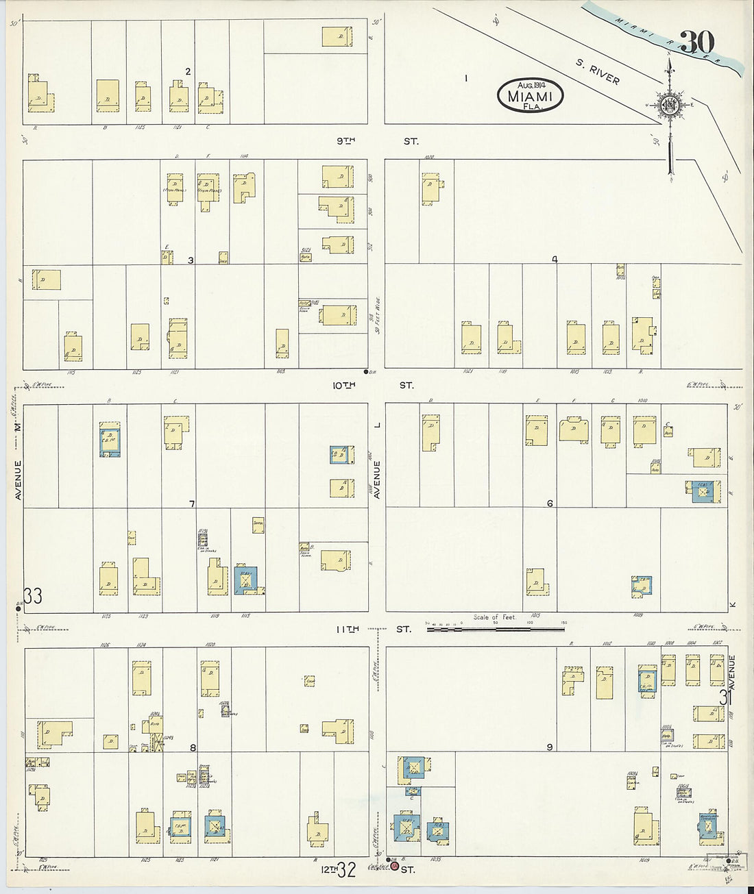 This old map of Miami, Dade County, Florida was created by Sanborn Map Company in 1914