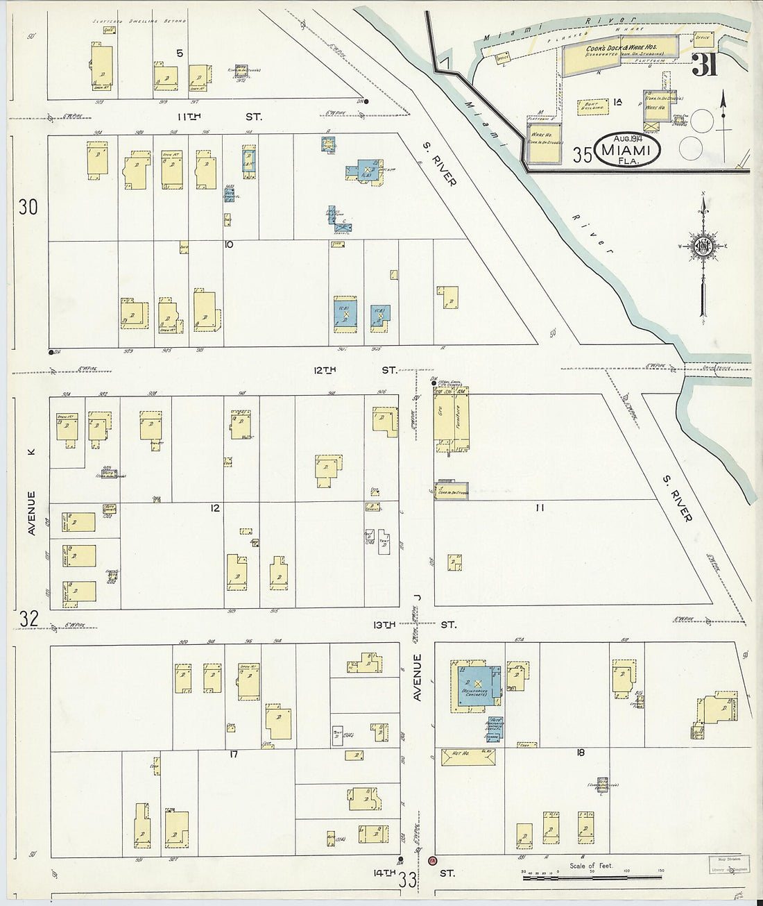 This old map of Miami, Dade County, Florida was created by Sanborn Map Company in 1914