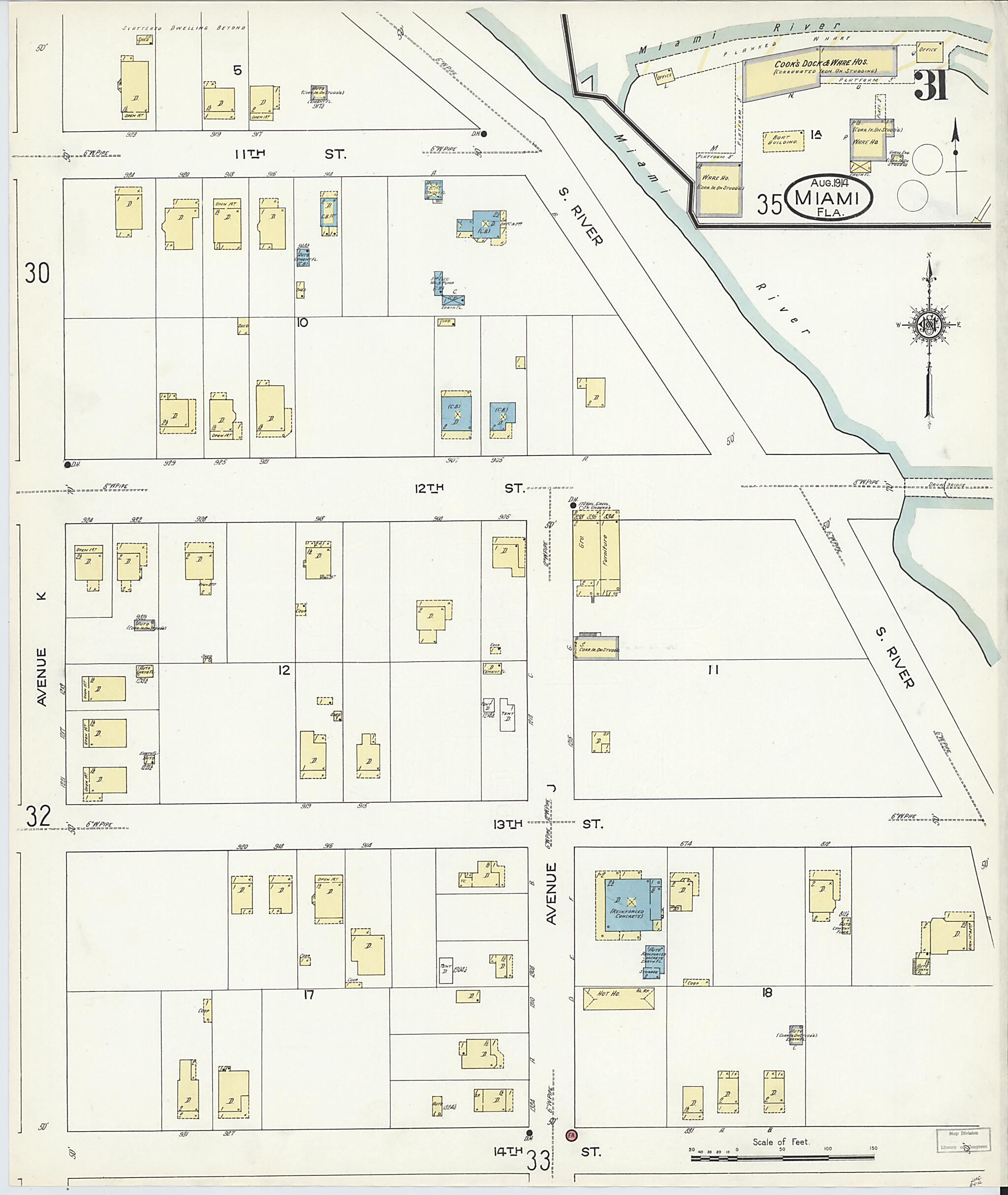 This old map of Miami, Dade County, Florida was created by Sanborn Map Company in 1914