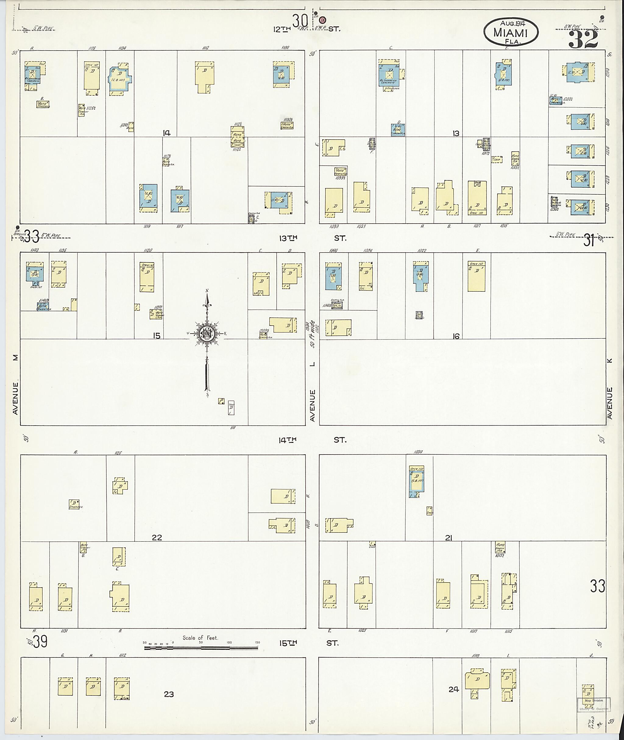 This old map of Miami, Dade County, Florida was created by Sanborn Map Company in 1914