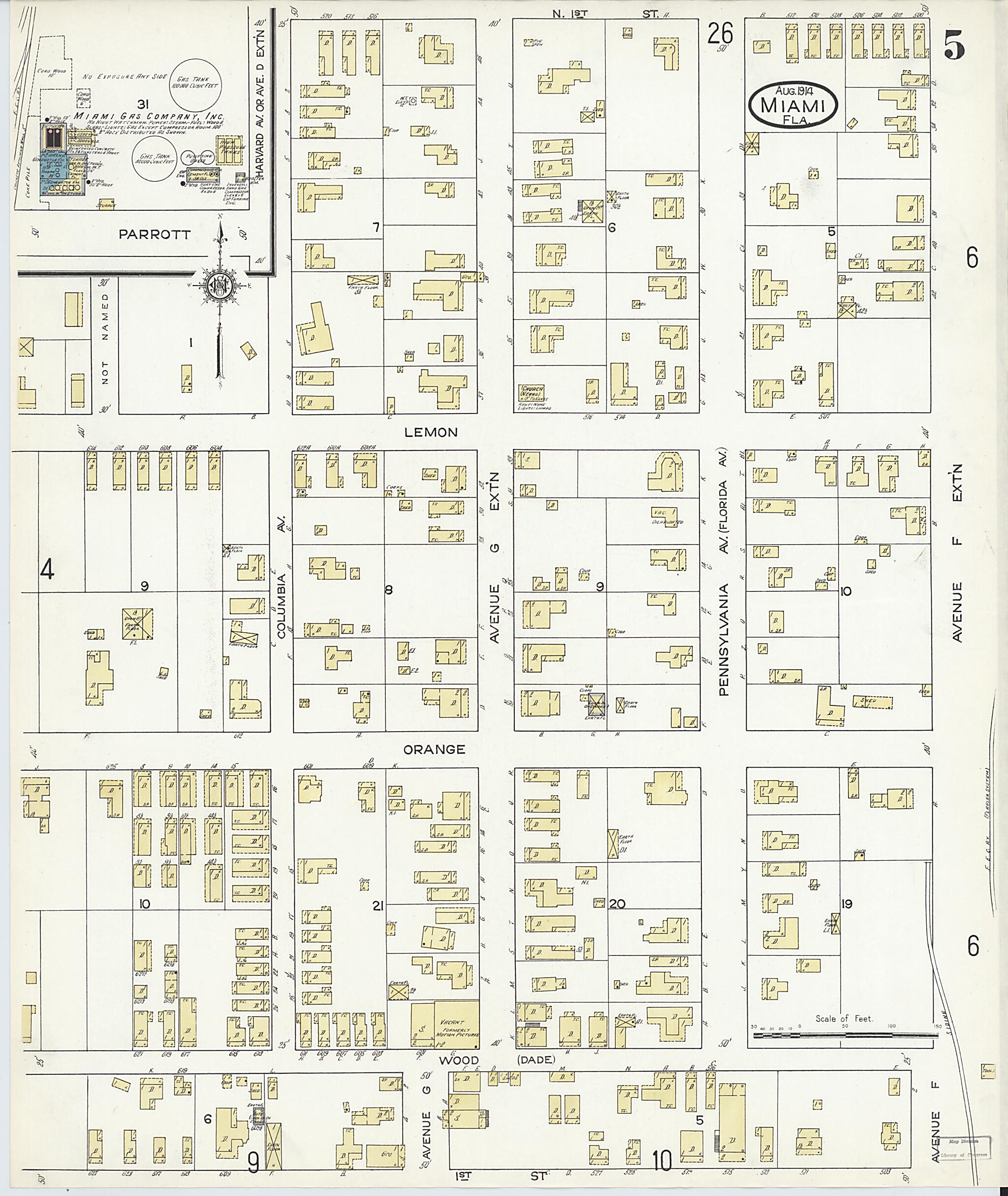 This old map of Miami, Dade County, Florida was created by Sanborn Map Company in 1914