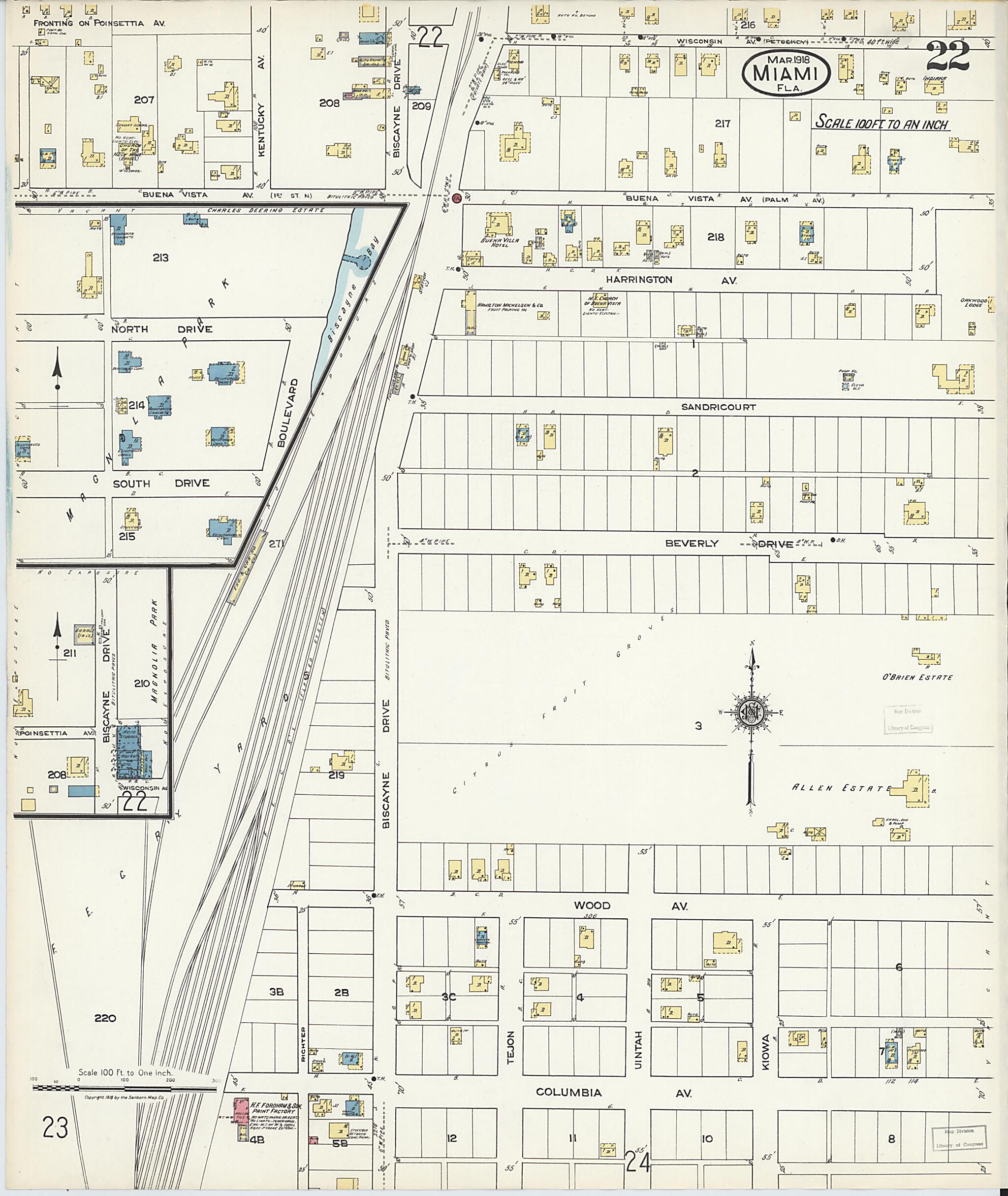 This old map of Miami Beach, Dade County, Florida was created by Sanborn Map Company in 1918
