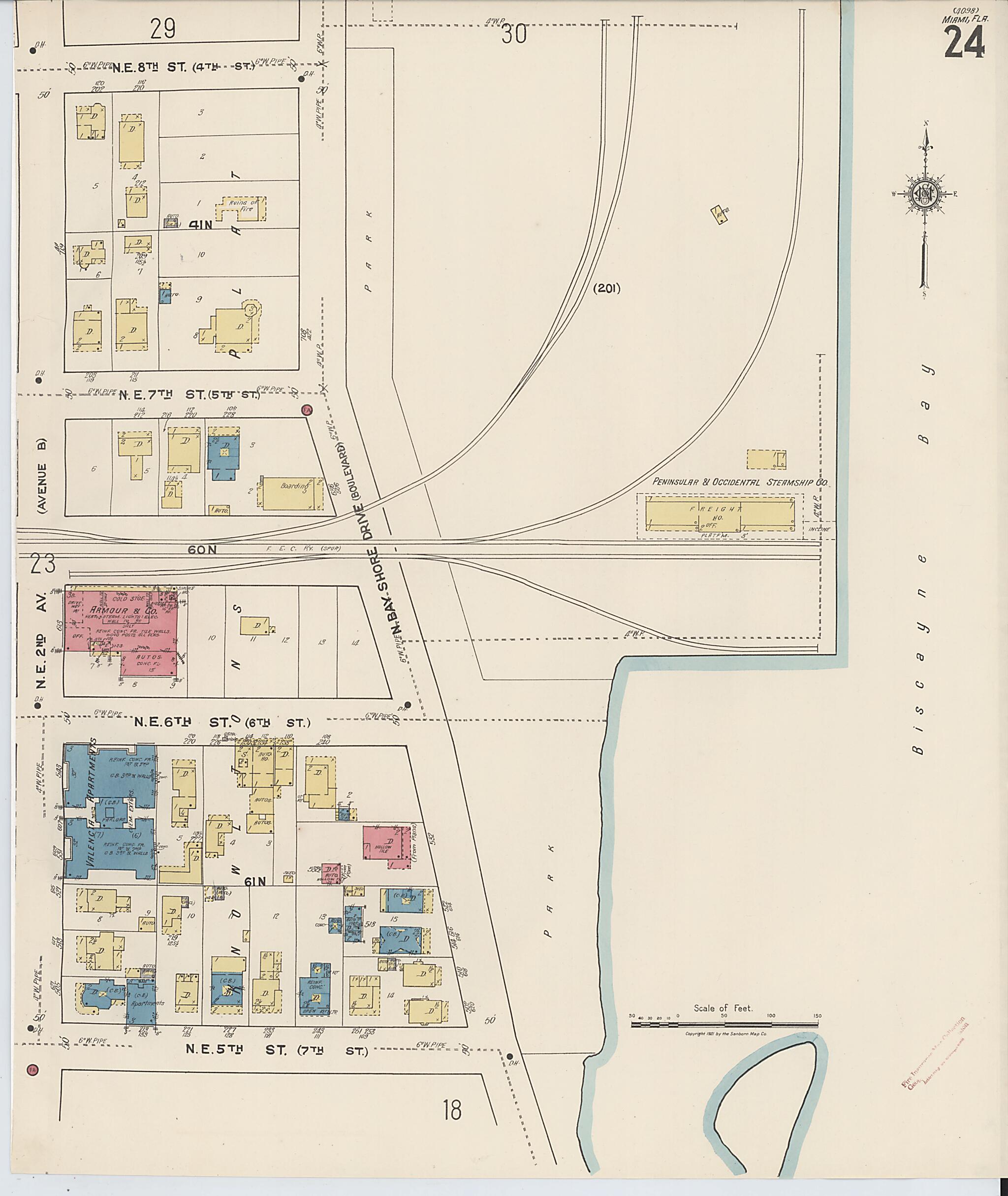 This old map of Miami, Dade County, Florida was created by Sanborn Map Company in 1921, 1924