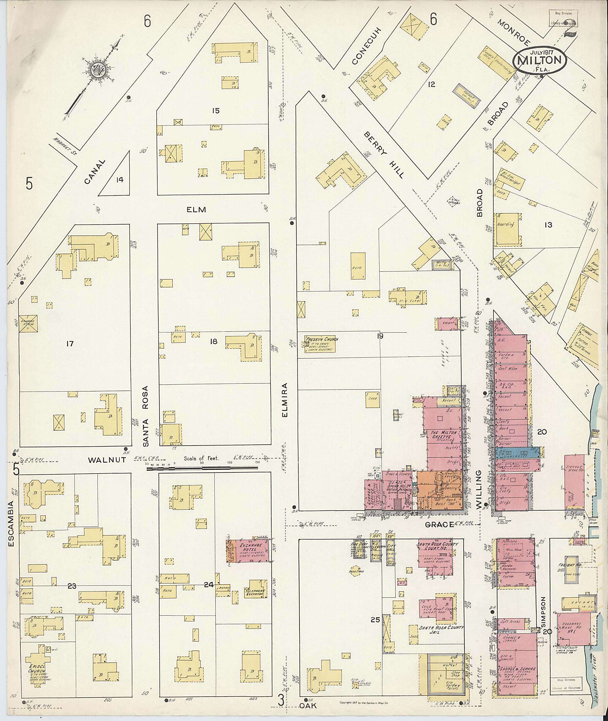 This old map of Milton, Santa Rosa County, Florida was created by Sanborn Map Company in 1917