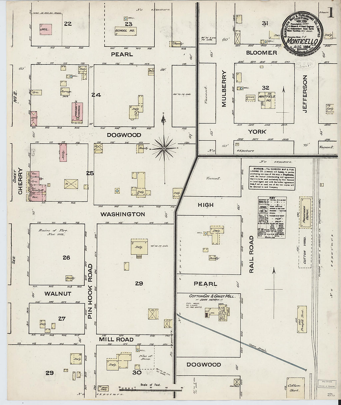 This old map of Monticello, Jefferson County, Florida was created by Sanborn Map Company in 1884