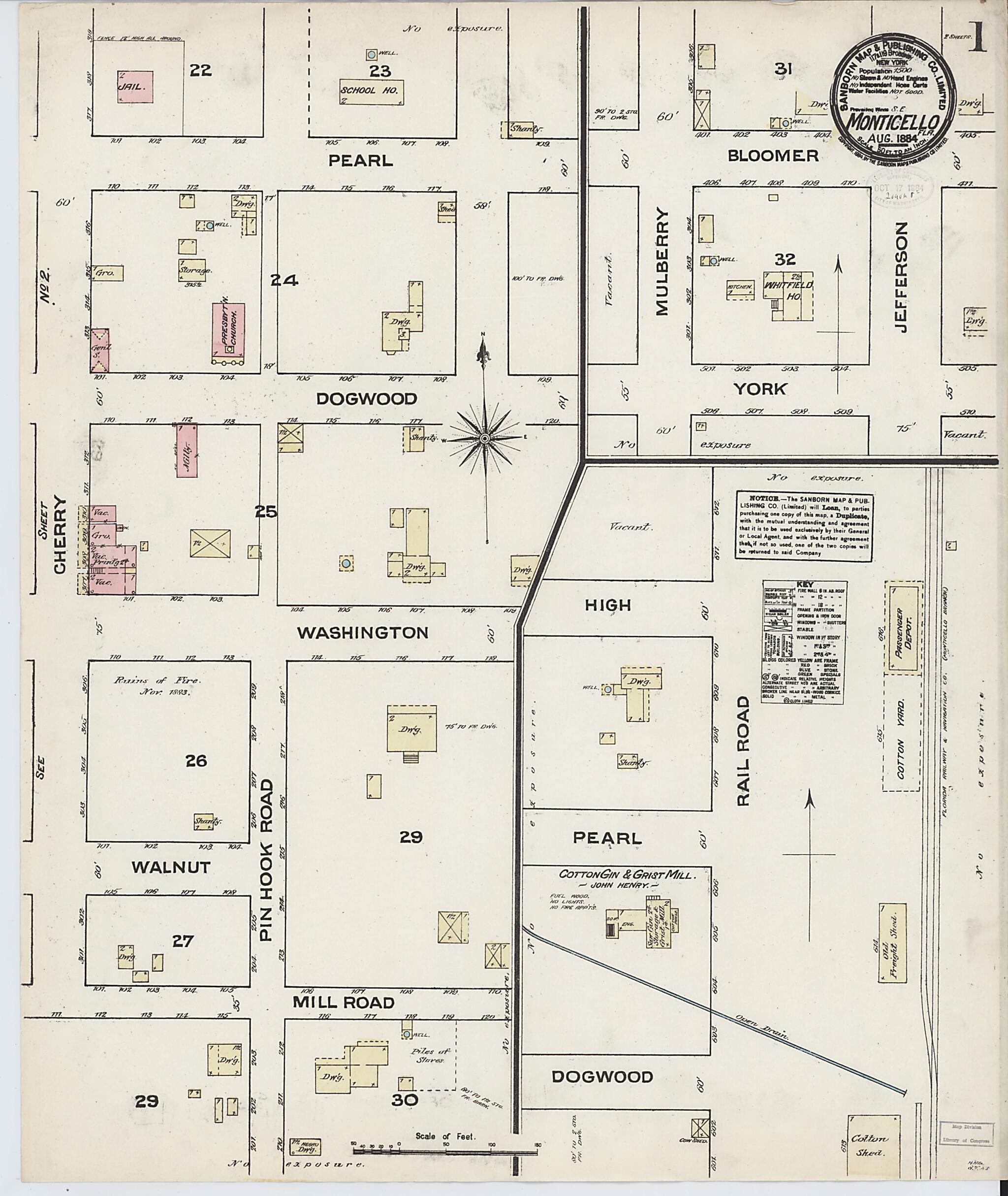 This old map of Monticello, Jefferson County, Florida was created by Sanborn Map Company in 1884