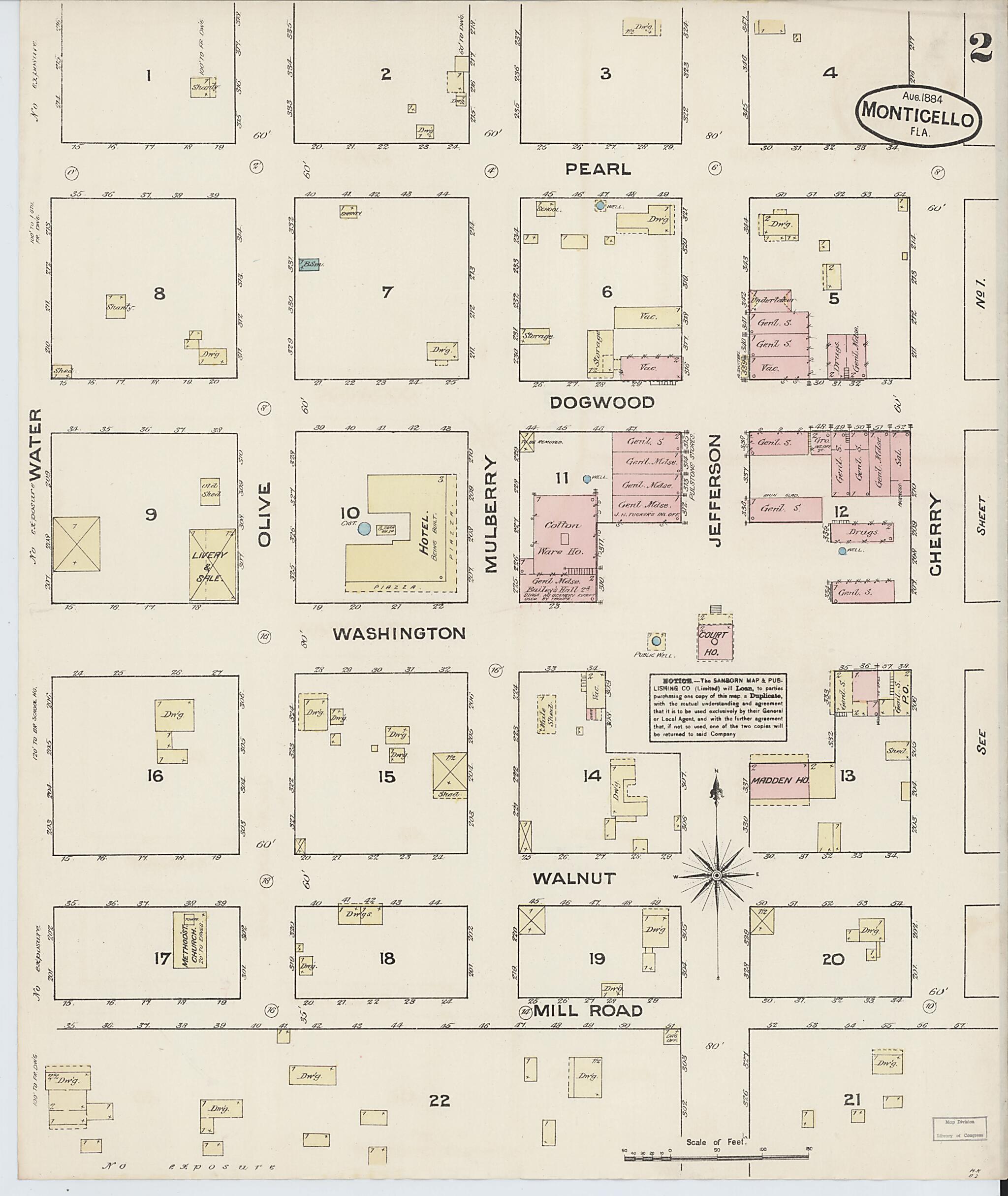 This old map of Monticello, Jefferson County, Florida was created by Sanborn Map Company in 1884