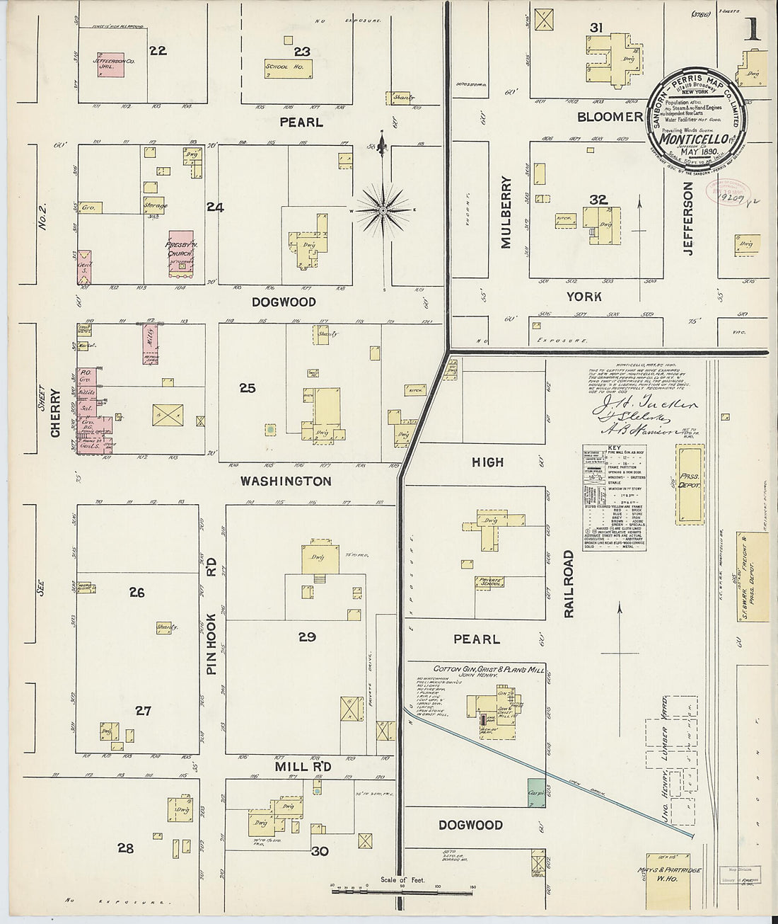 This old map of Monticello, Jefferson County, Florida was created by Sanborn Map Company in 1890