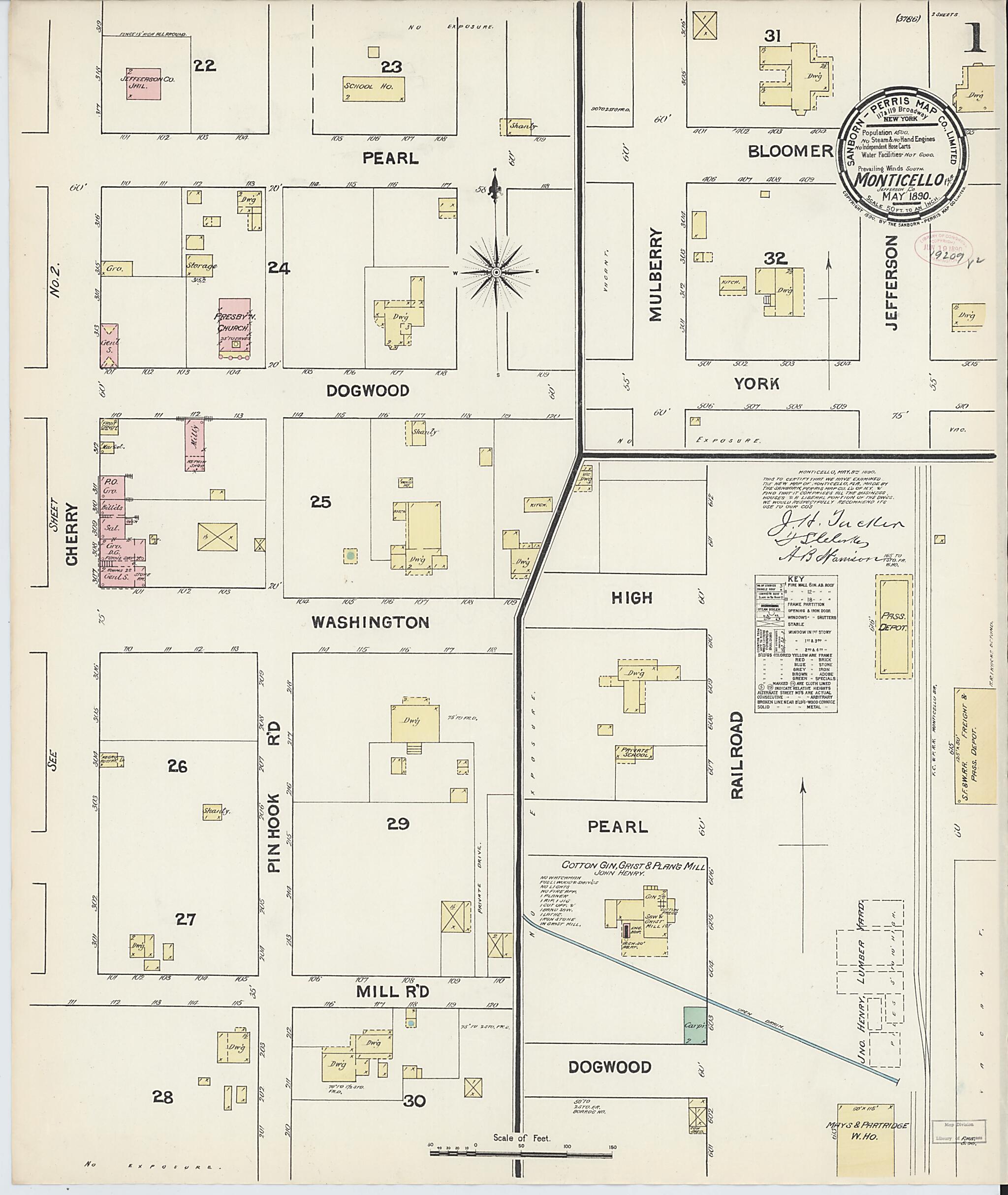 This old map of Monticello, Jefferson County, Florida was created by Sanborn Map Company in 1890