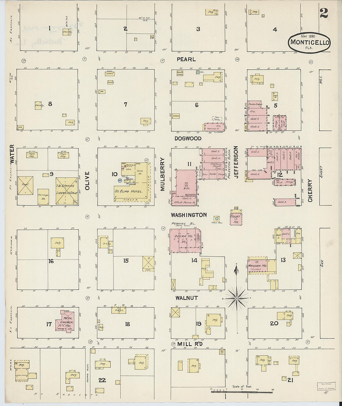 This old map of Monticello, Jefferson County, Florida was created by Sanborn Map Company in 1890