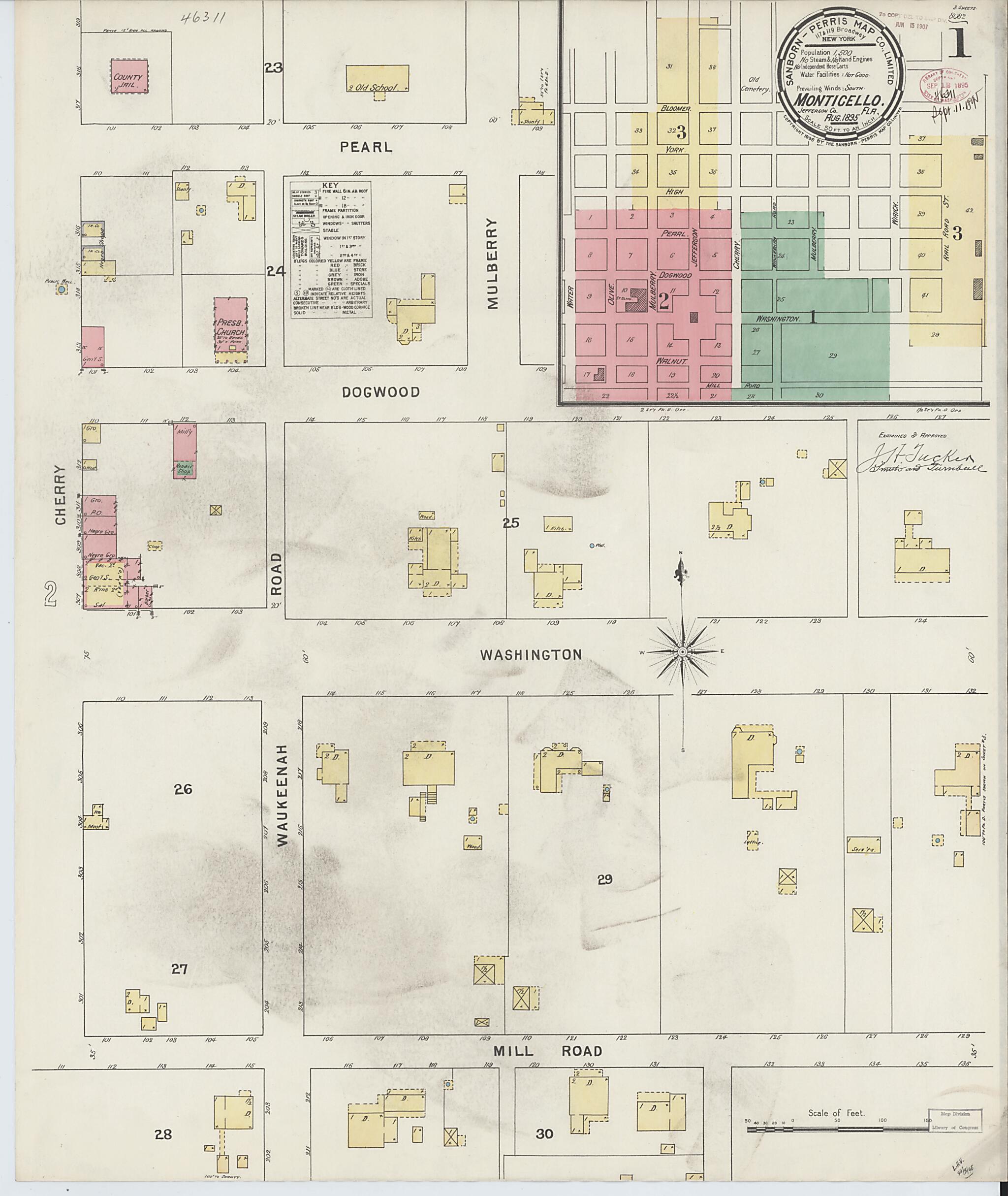 This old map of Monticello, Jefferson County, Florida was created by Sanborn Map Company in 1895