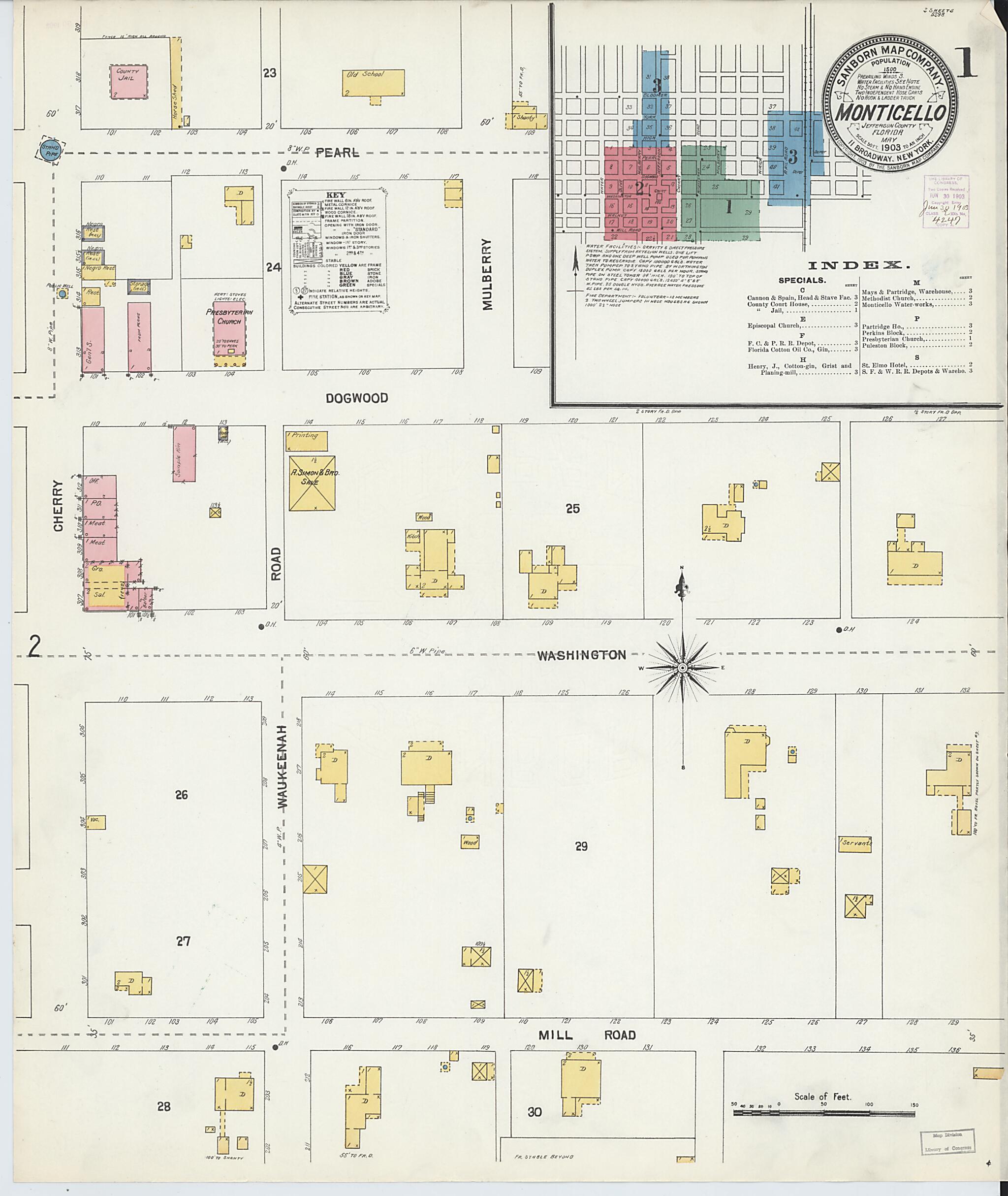 This old map of Monticello, Jefferson County, Florida was created by Sanborn Map Company in 1903