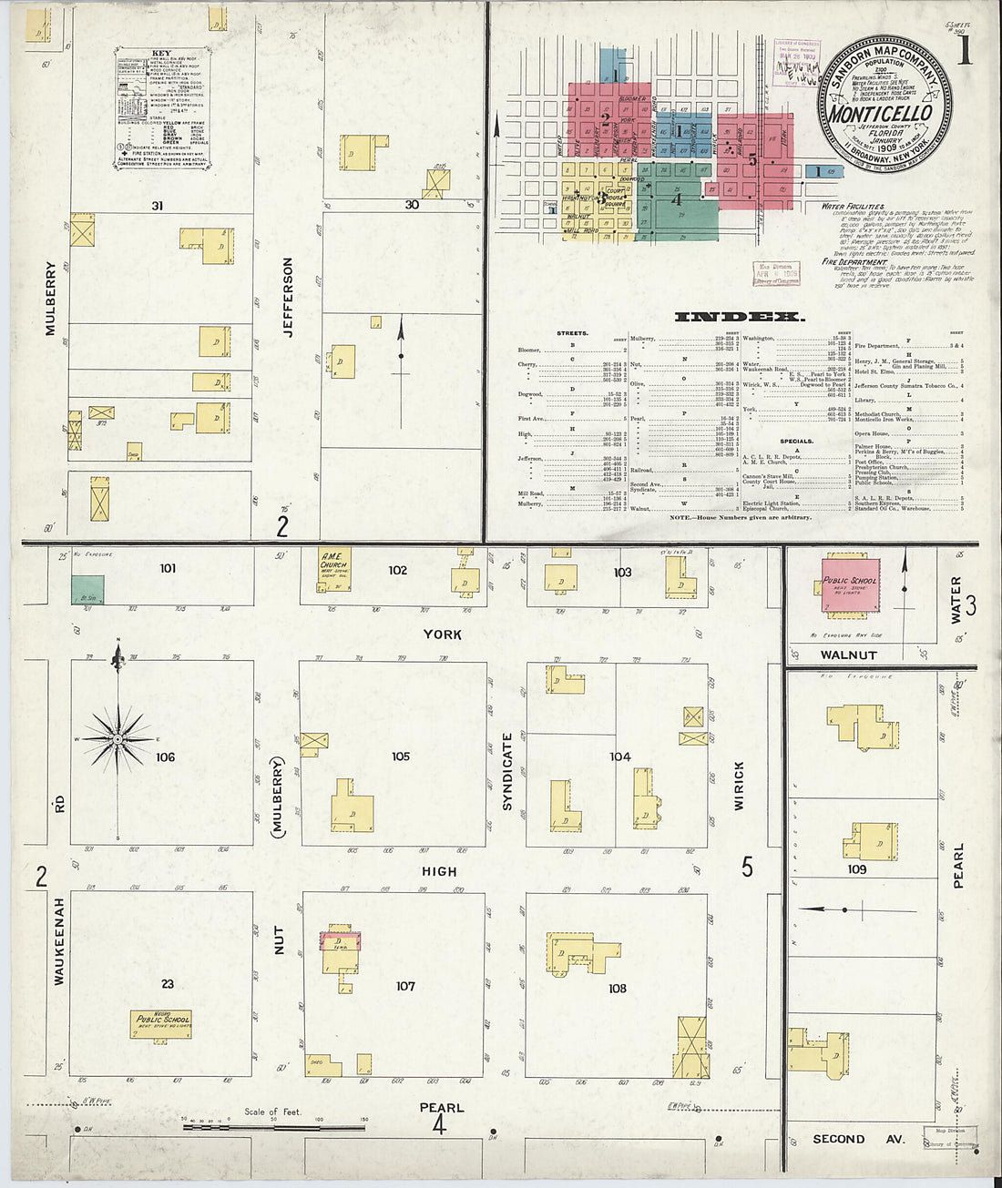 This old map of Monticello, Jefferson County, Florida was created by Sanborn Map Company in 1909