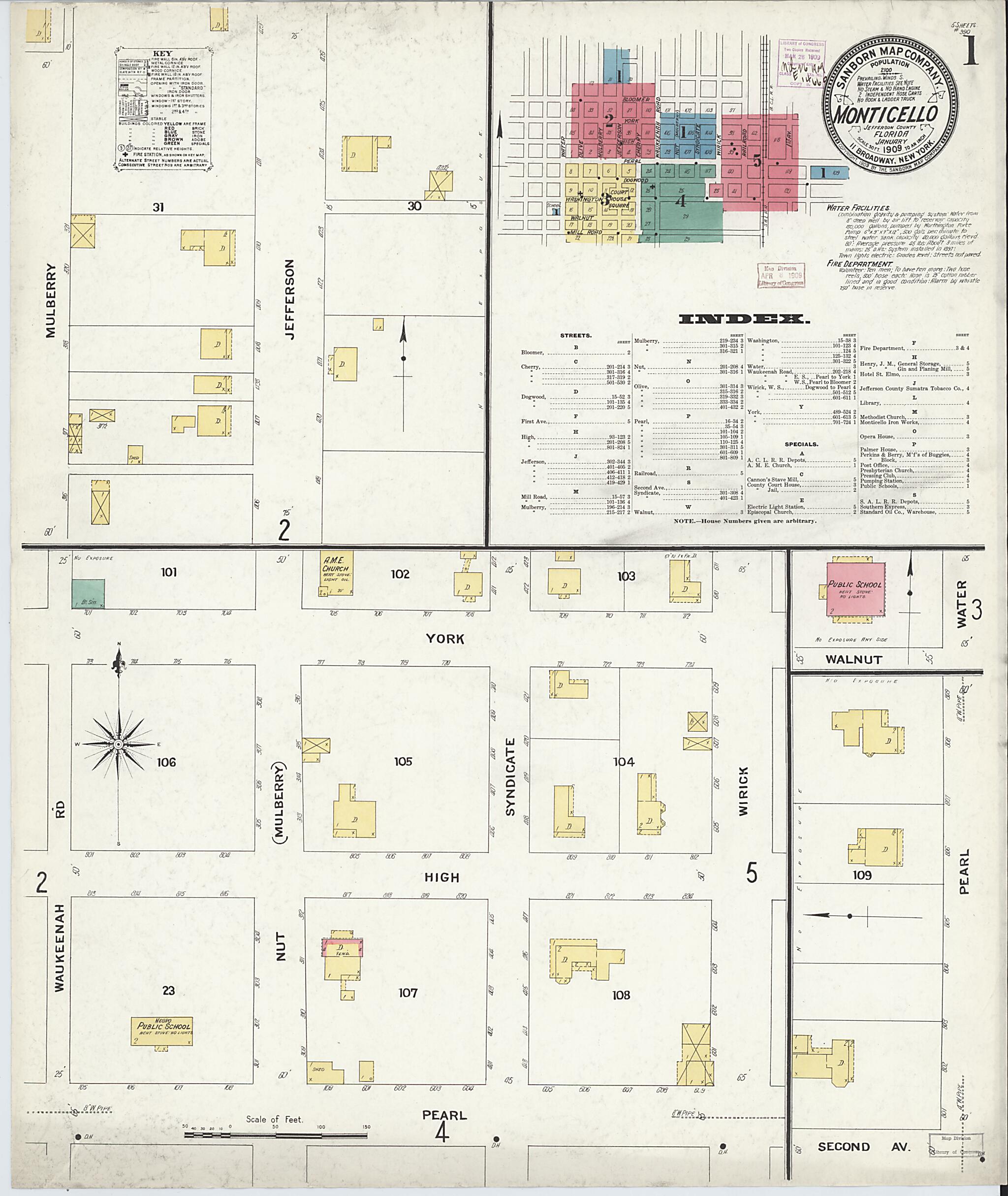 This old map of Monticello, Jefferson County, Florida was created by Sanborn Map Company in 1909