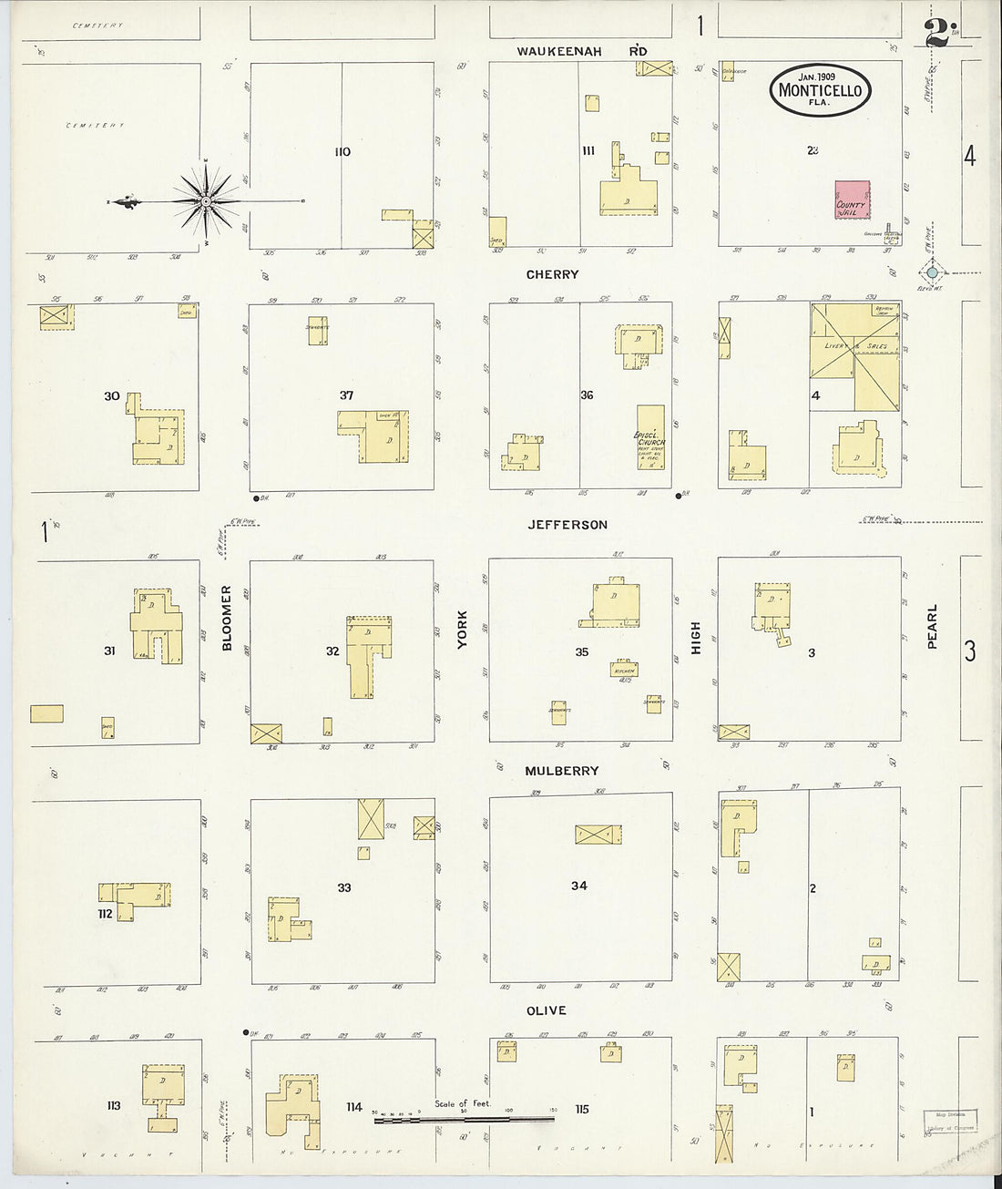 This old map of Monticello, Jefferson County, Florida was created by Sanborn Map Company in 1909