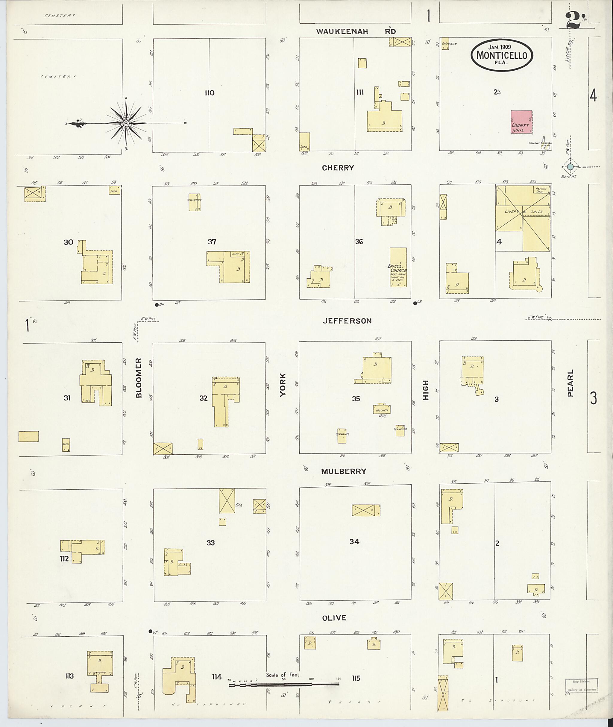 This old map of Monticello, Jefferson County, Florida was created by Sanborn Map Company in 1909