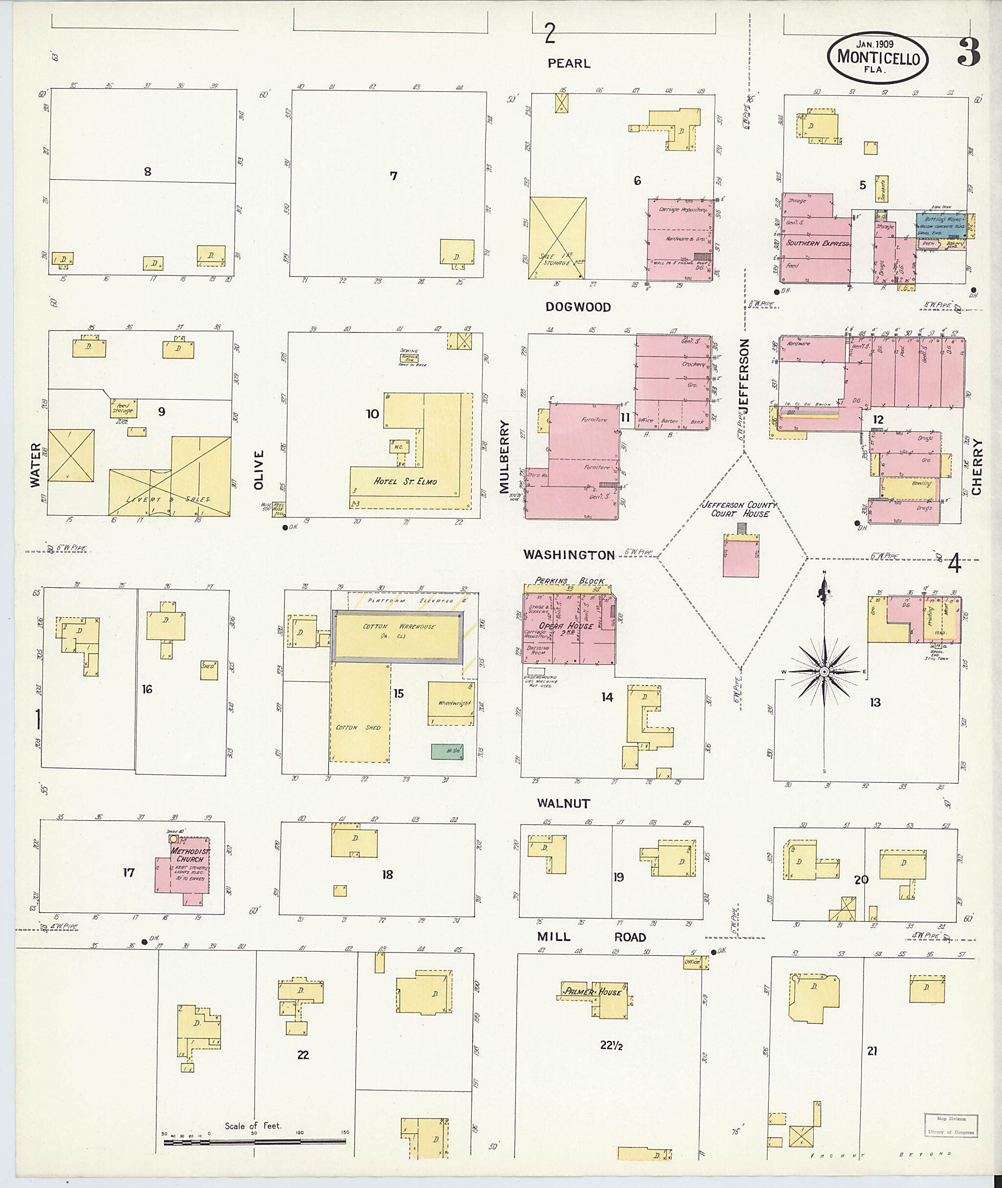 This old map of Monticello, Jefferson County, Florida was created by Sanborn Map Company in 1909