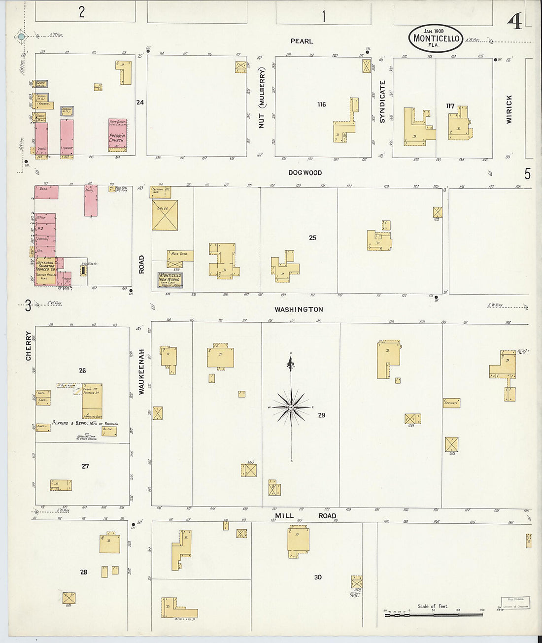 This old map of Monticello, Jefferson County, Florida was created by Sanborn Map Company in 1909