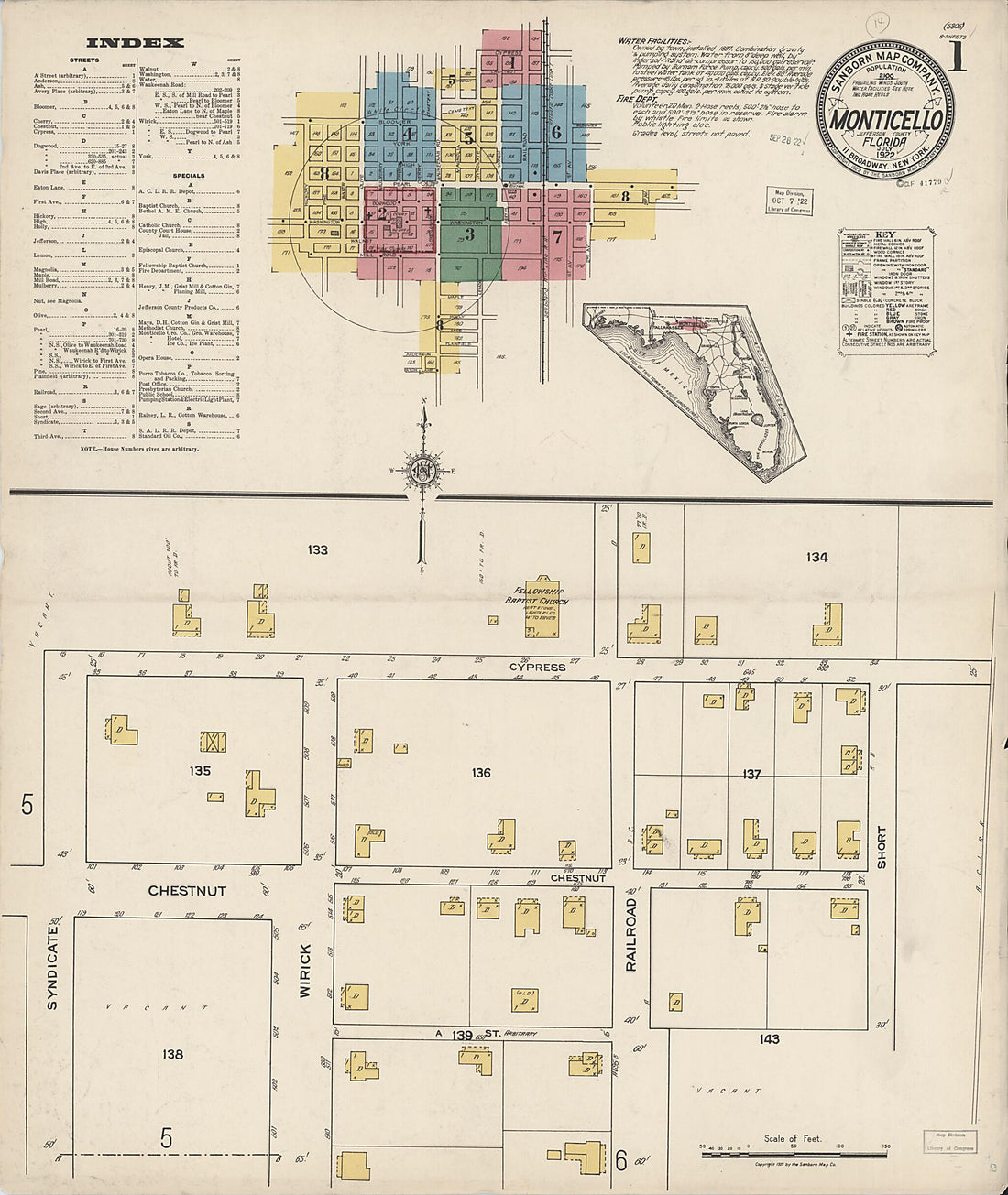 This old map of Monticello, Jefferson County, Florida was created by Sanborn Map Company in 1922