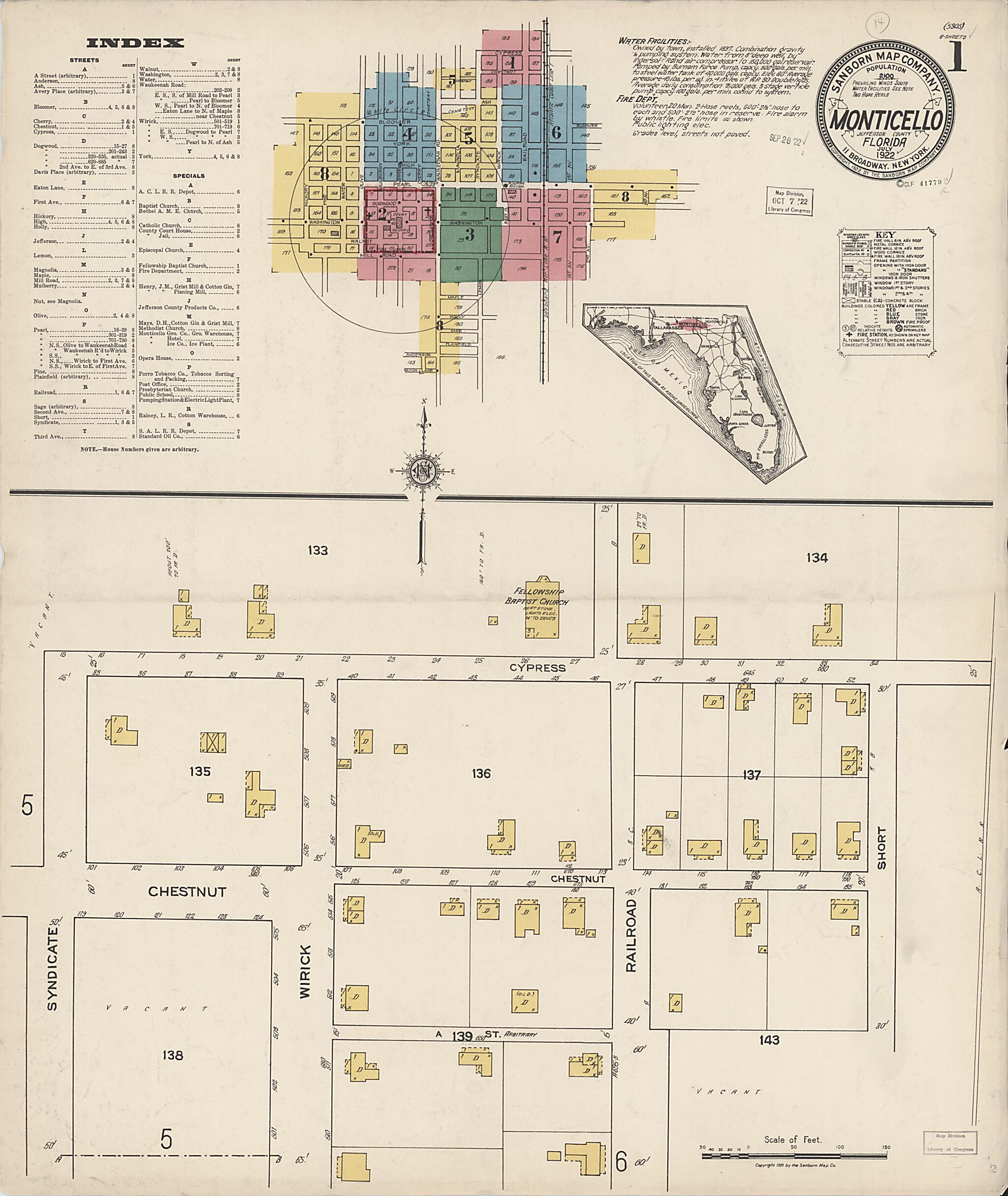 This old map of Monticello, Jefferson County, Florida was created by Sanborn Map Company in 1922