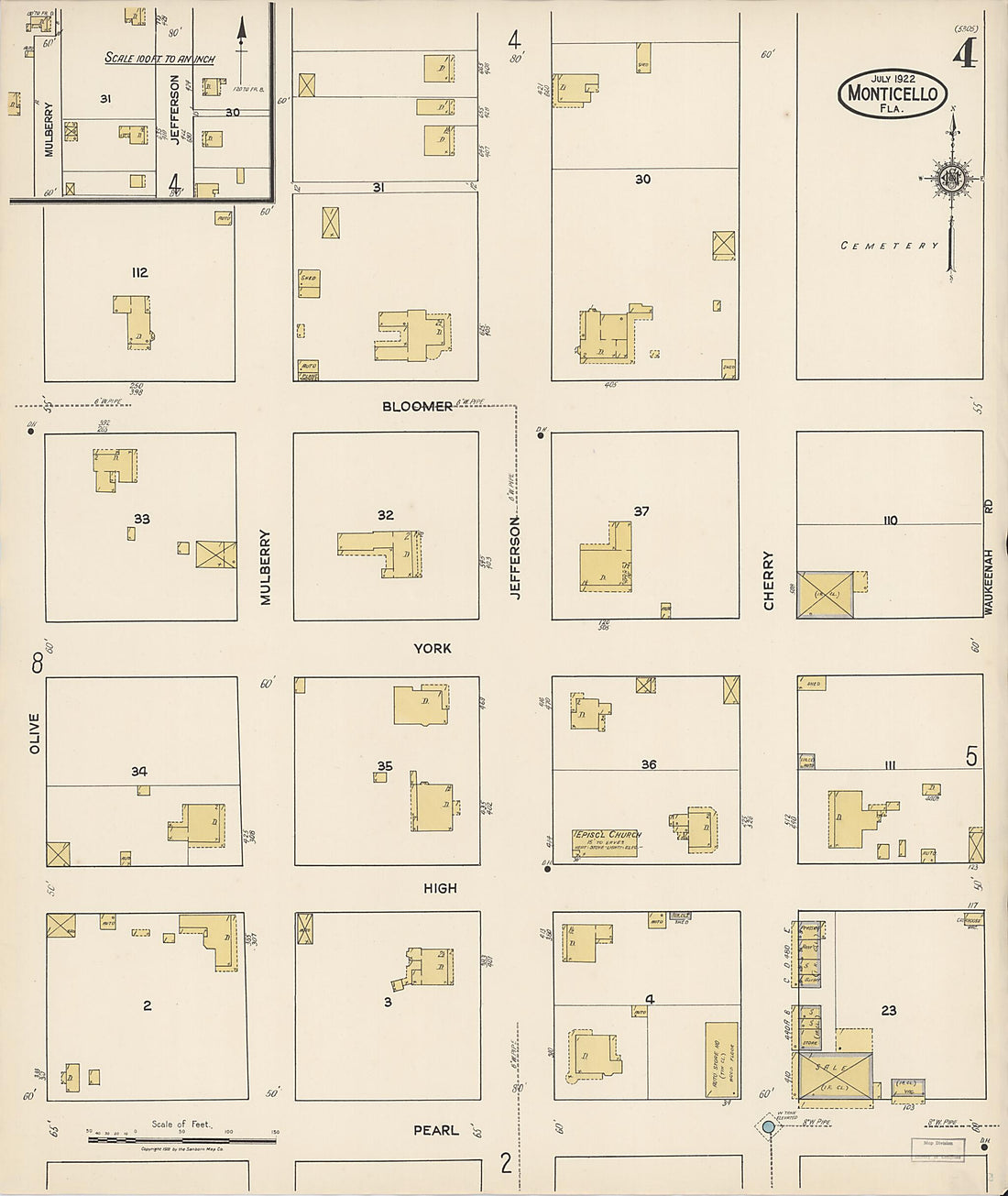 This old map of Monticello, Jefferson County, Florida was created by Sanborn Map Company in 1922