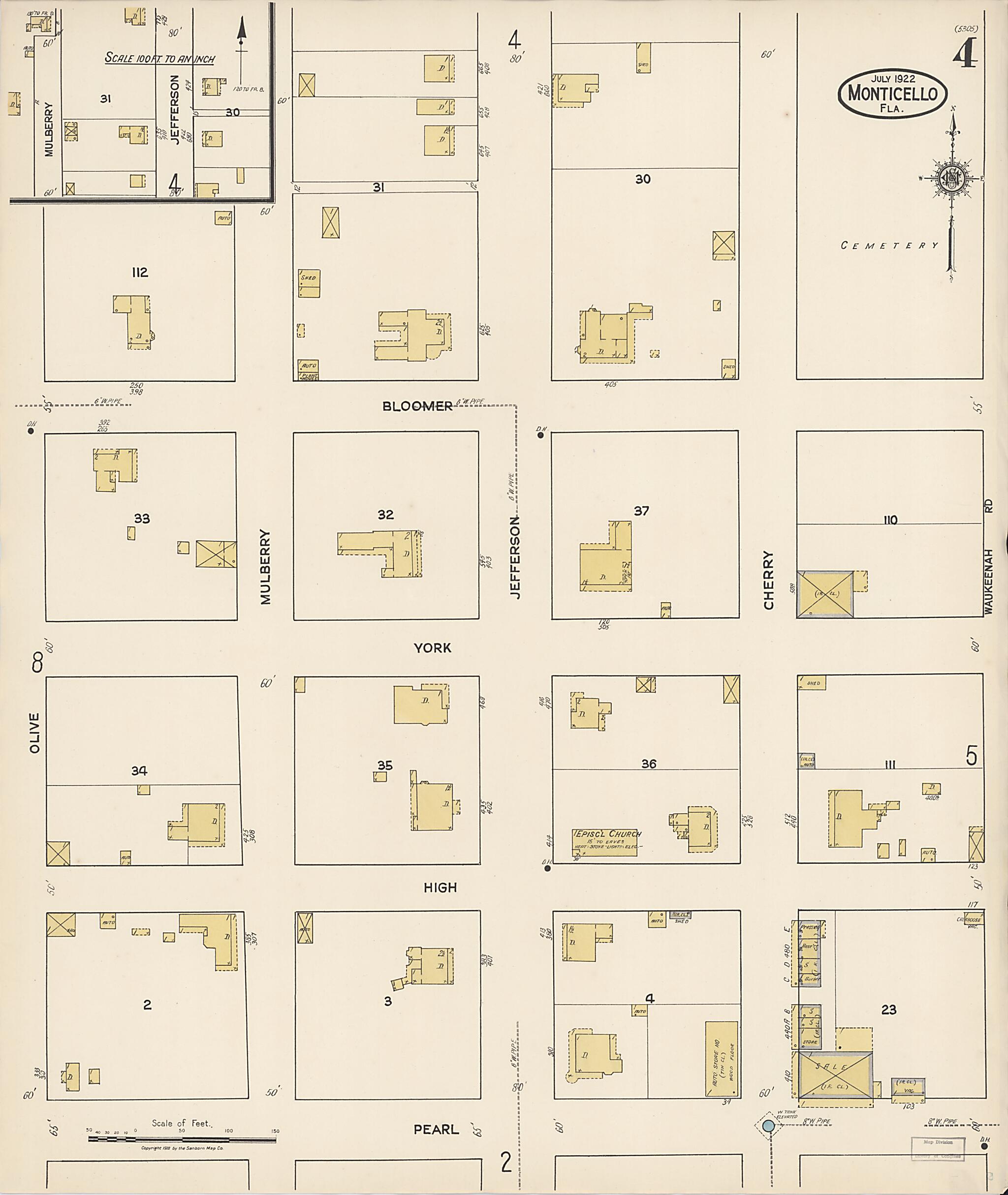 This old map of Monticello, Jefferson County, Florida was created by Sanborn Map Company in 1922