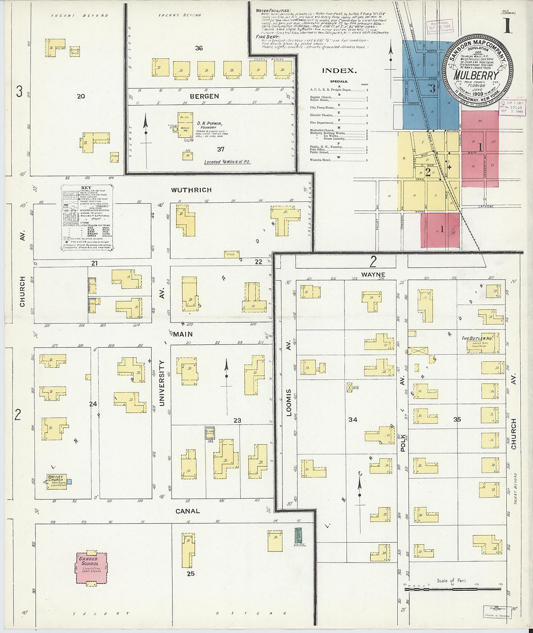 This old map of Mulberry, Polk County, Florida was created by Sanborn Map Company in 1909