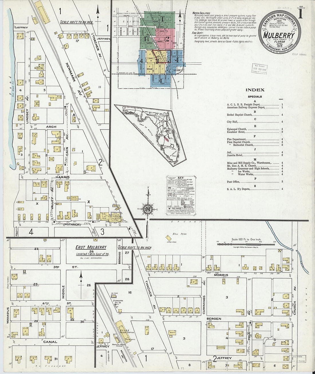 This old map of Mulberry, Polk County, Florida was created by Sanborn Map Company in 1919
