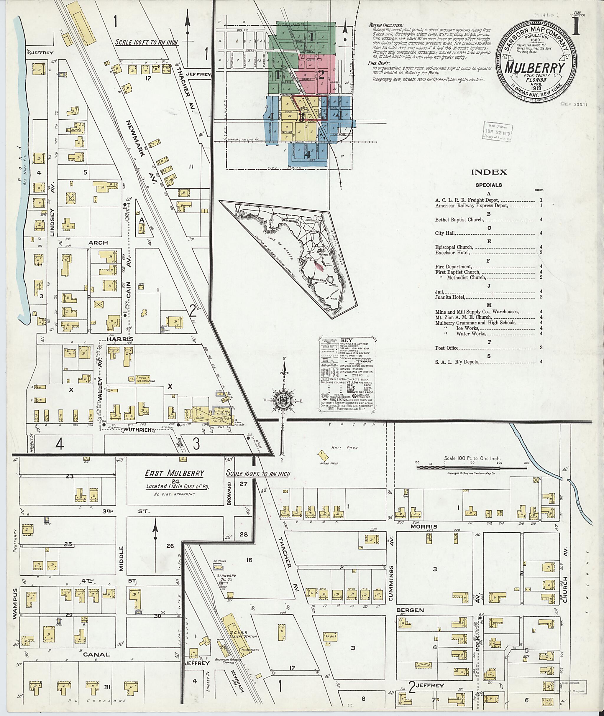This old map of Mulberry, Polk County, Florida was created by Sanborn Map Company in 1919