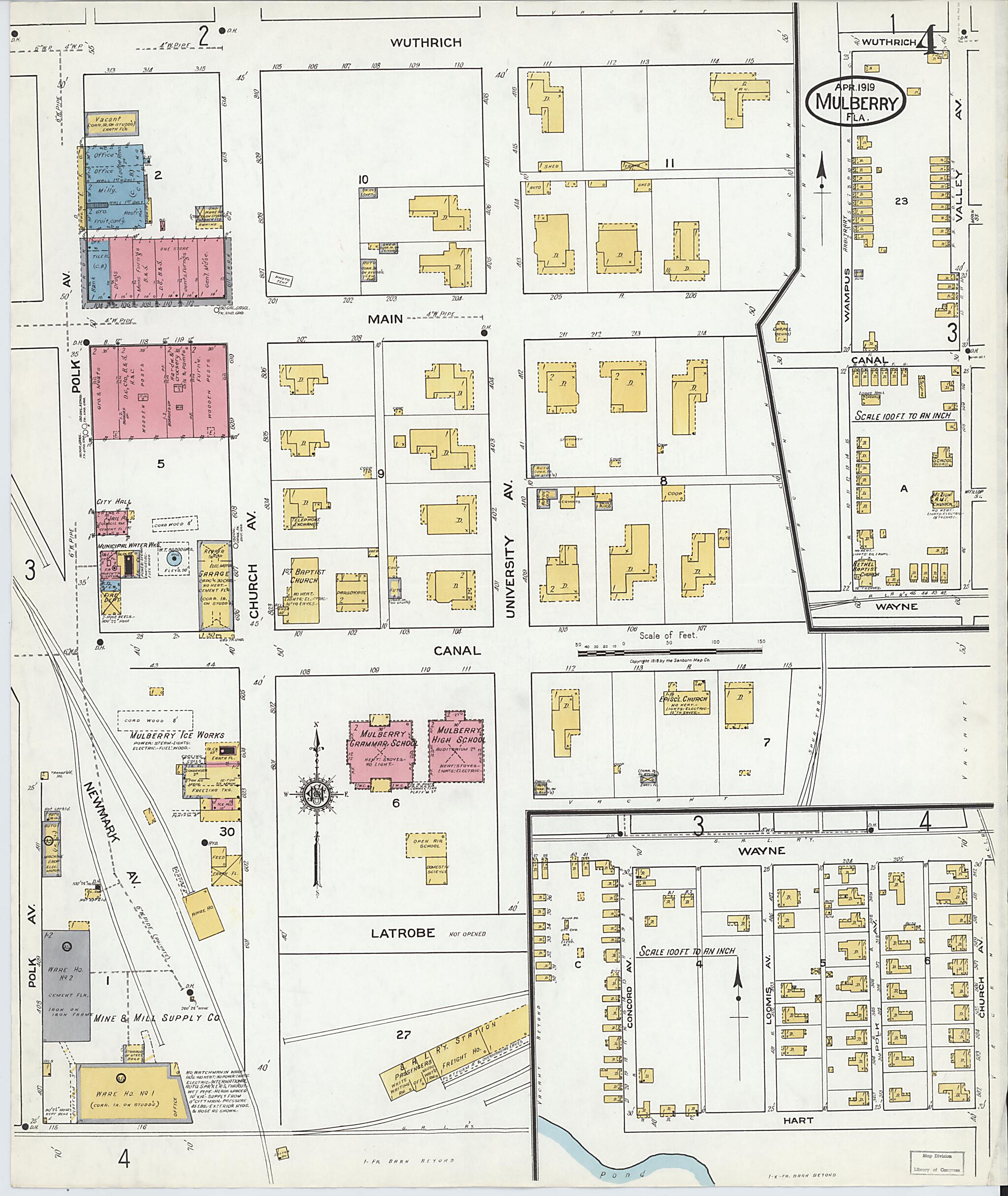 This old map of Mulberry, Polk County, Florida was created by Sanborn Map Company in 1919