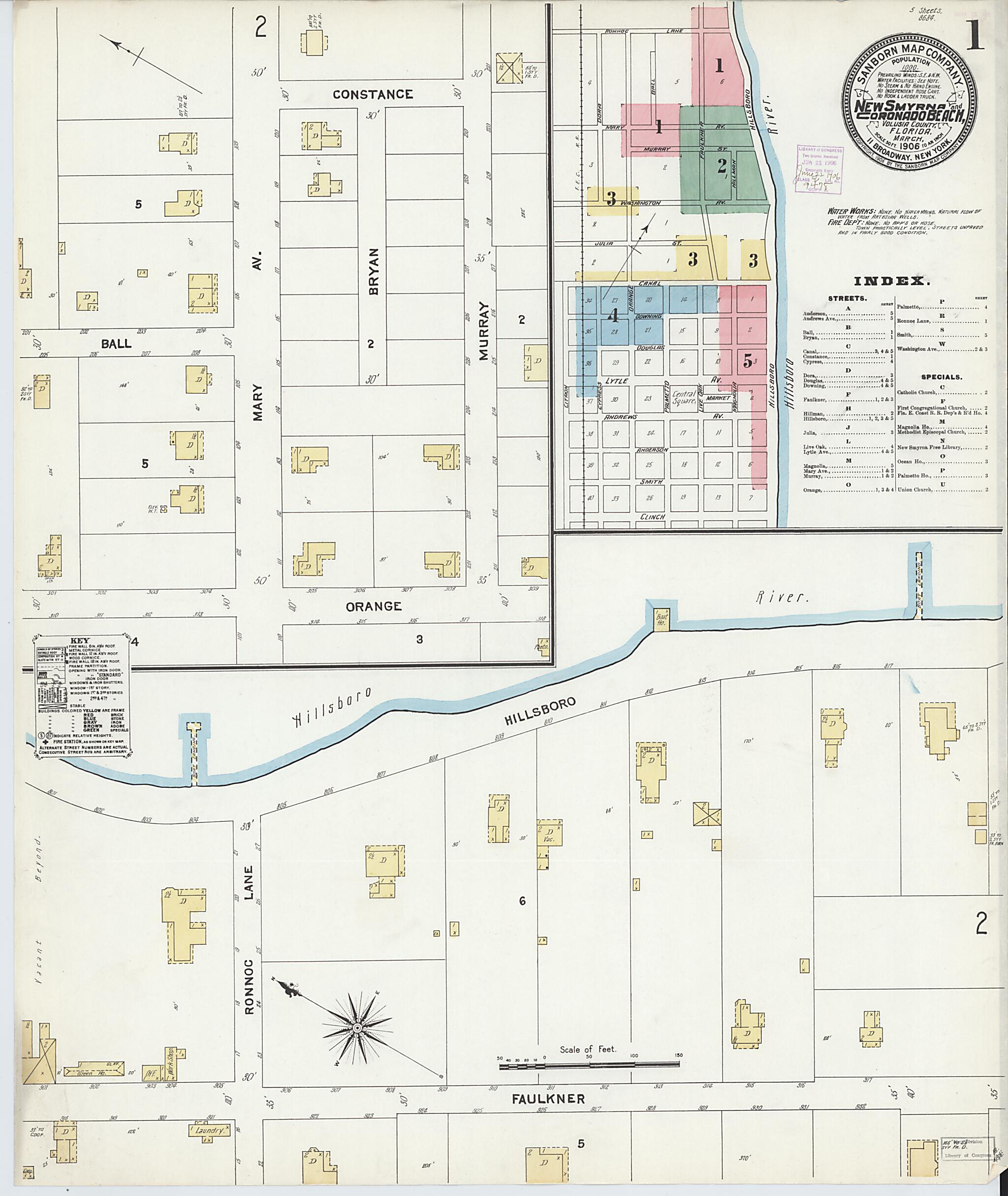 This old map of New Smyrna, Valusia County, Florida was created by Sanborn Map Company in 1906