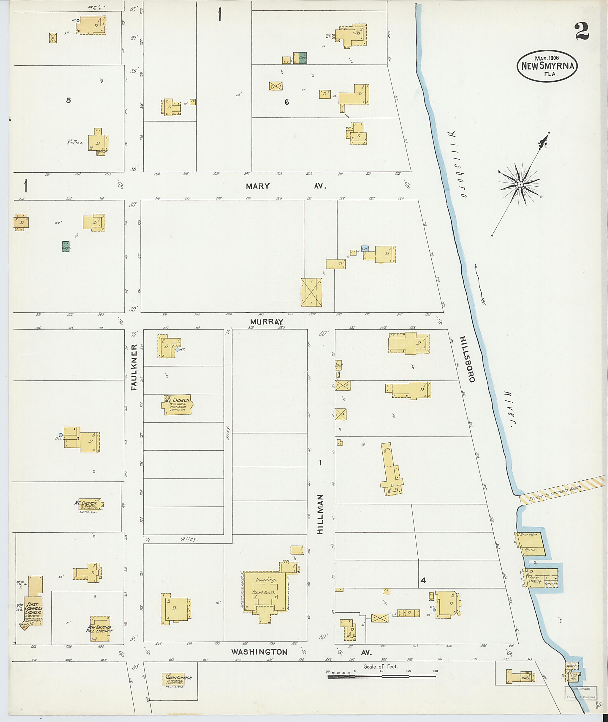 This old map of New Smyrna, Valusia County, Florida was created by Sanborn Map Company in 1906